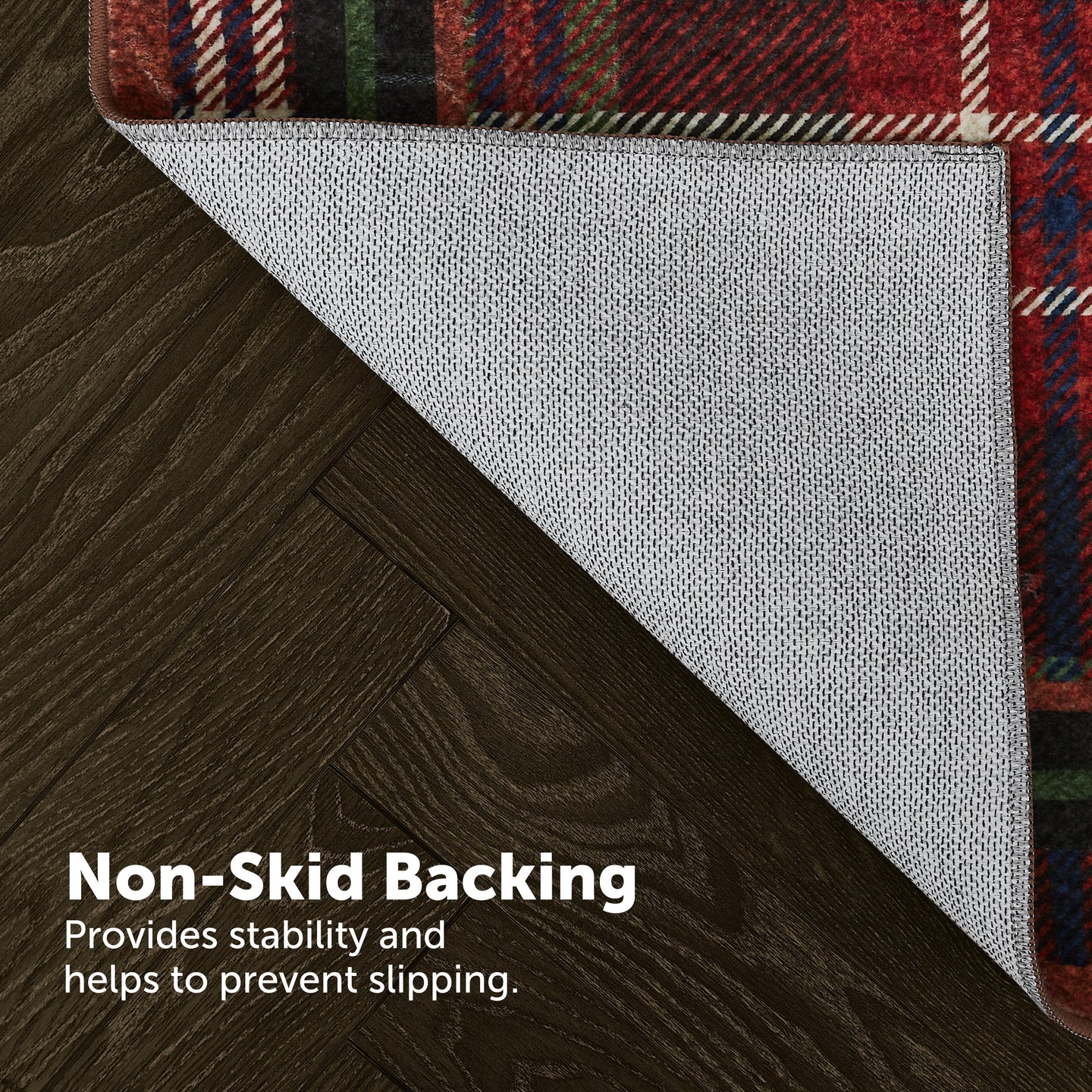 Textile product with non-skid backing on a wooden floor, featuring a tartan pattern.