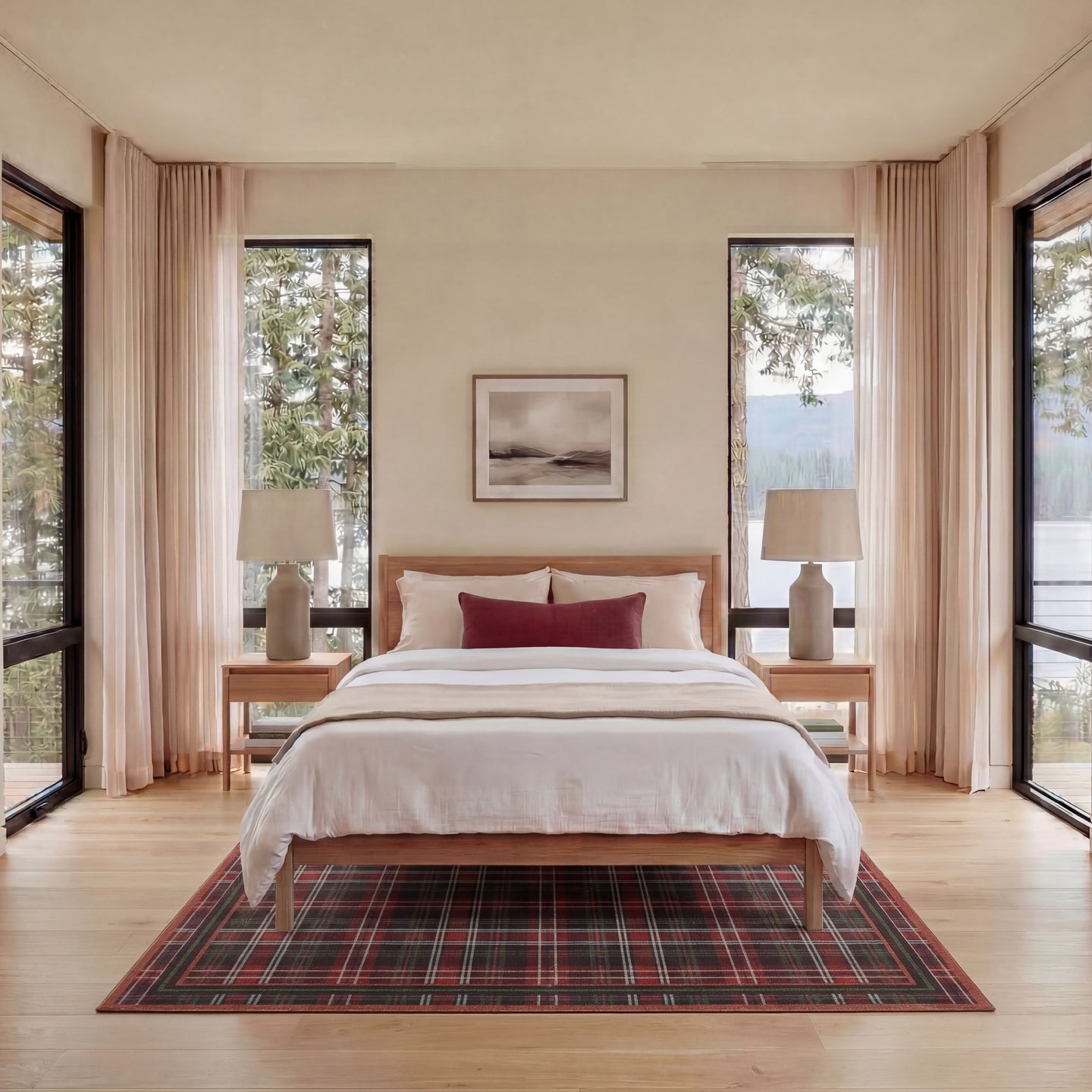 Modern bedroom with wooden bed, plaid rug, and large windows with curtains.