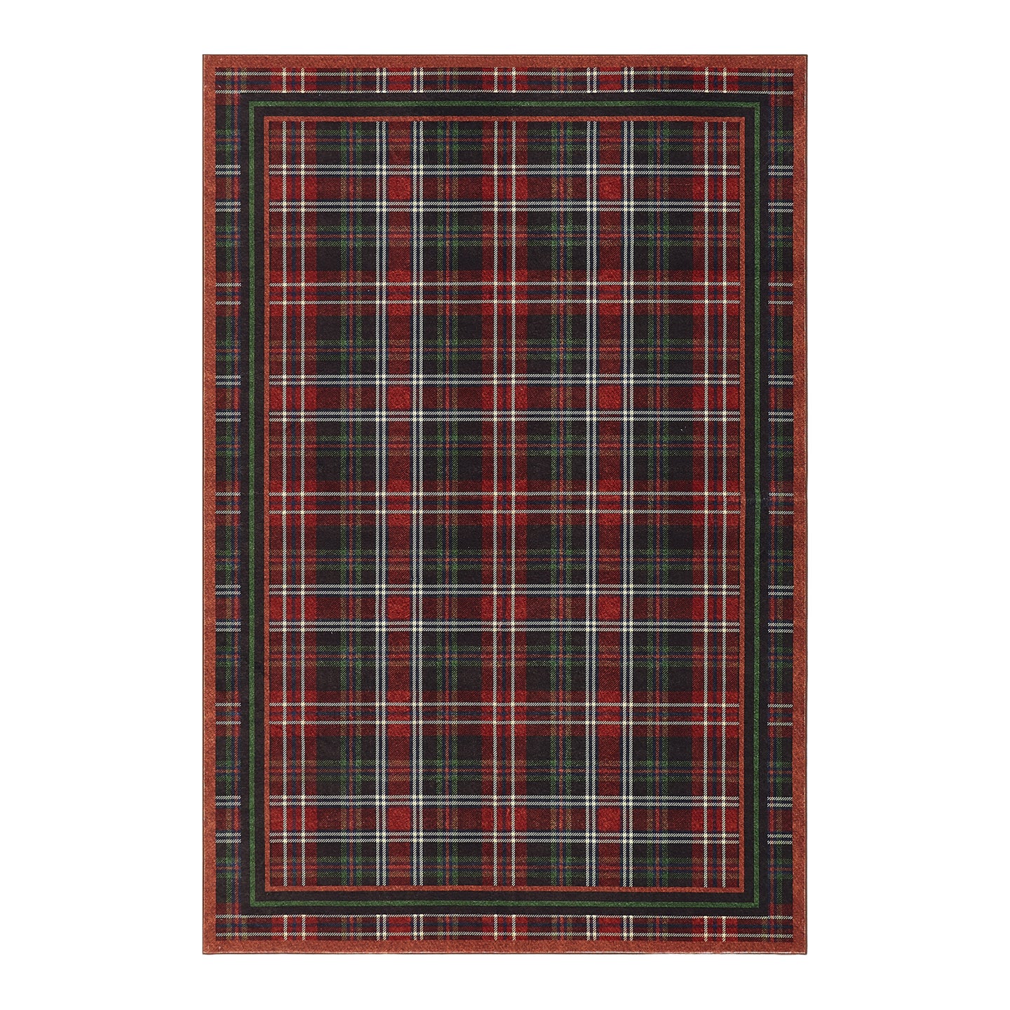 Plaid patterned rug with red, black, and white colors on a white background