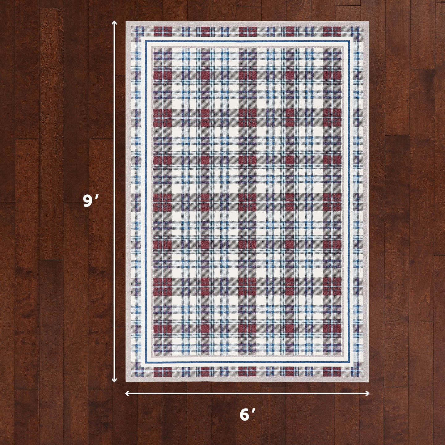 Plaid rug with dimensions on a wooden floor