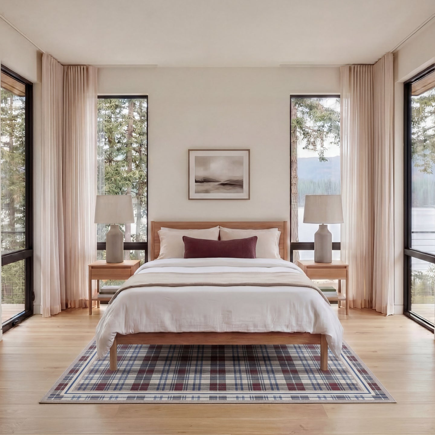 Modern bedroom with wooden bed, plaid rug, and large windows.