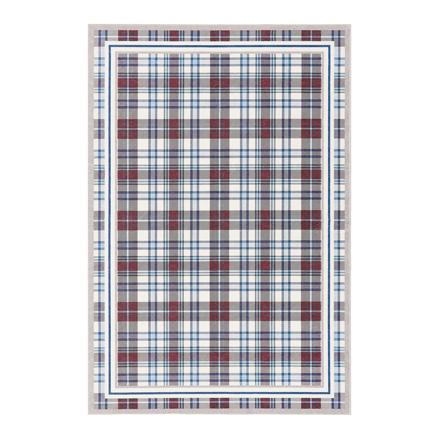 Plaid patterned rug with red, blue, and white colors on a white background