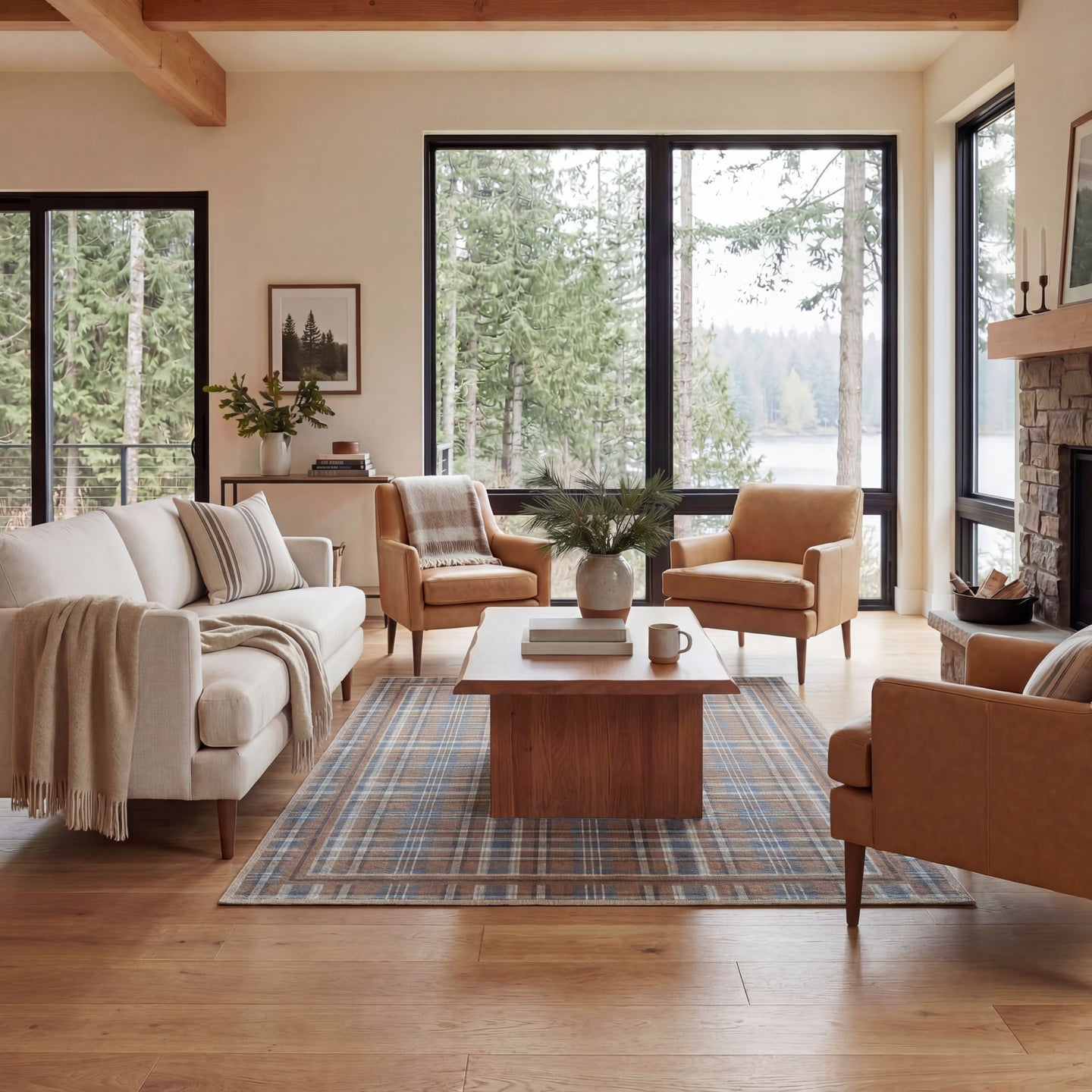 Modern living room with beige sofa, brown armchairs, and wooden coffee table.