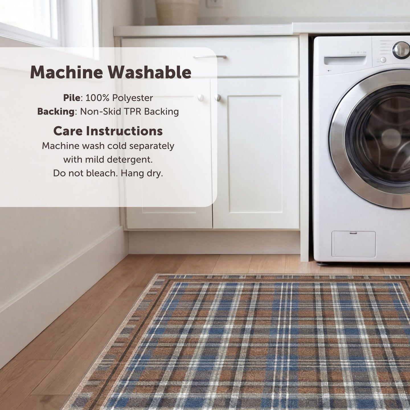Plaid carpet in a laundry room with washing machine and care instructions overlay.