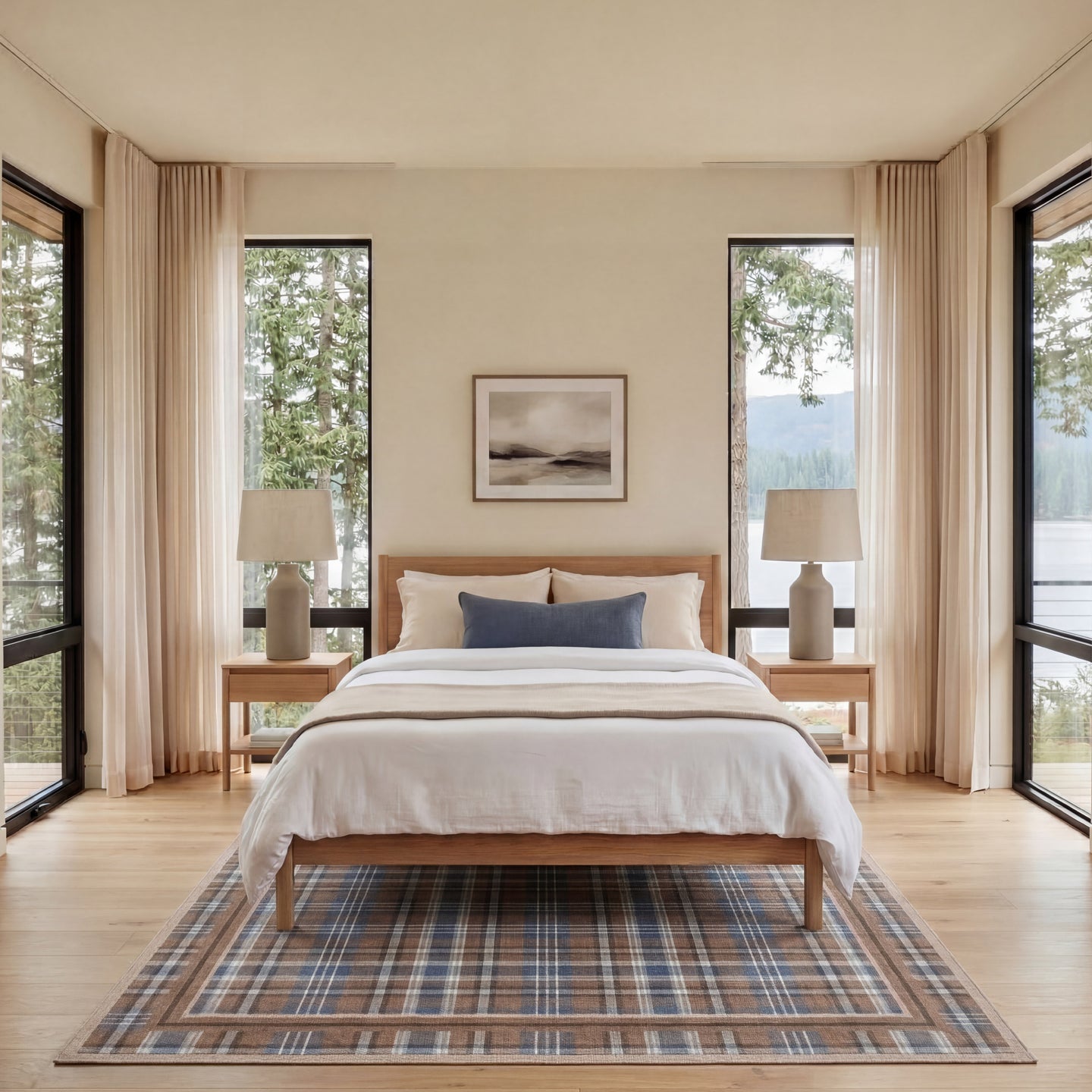 Modern bedroom with wooden bed, striped bedding, and large windows.