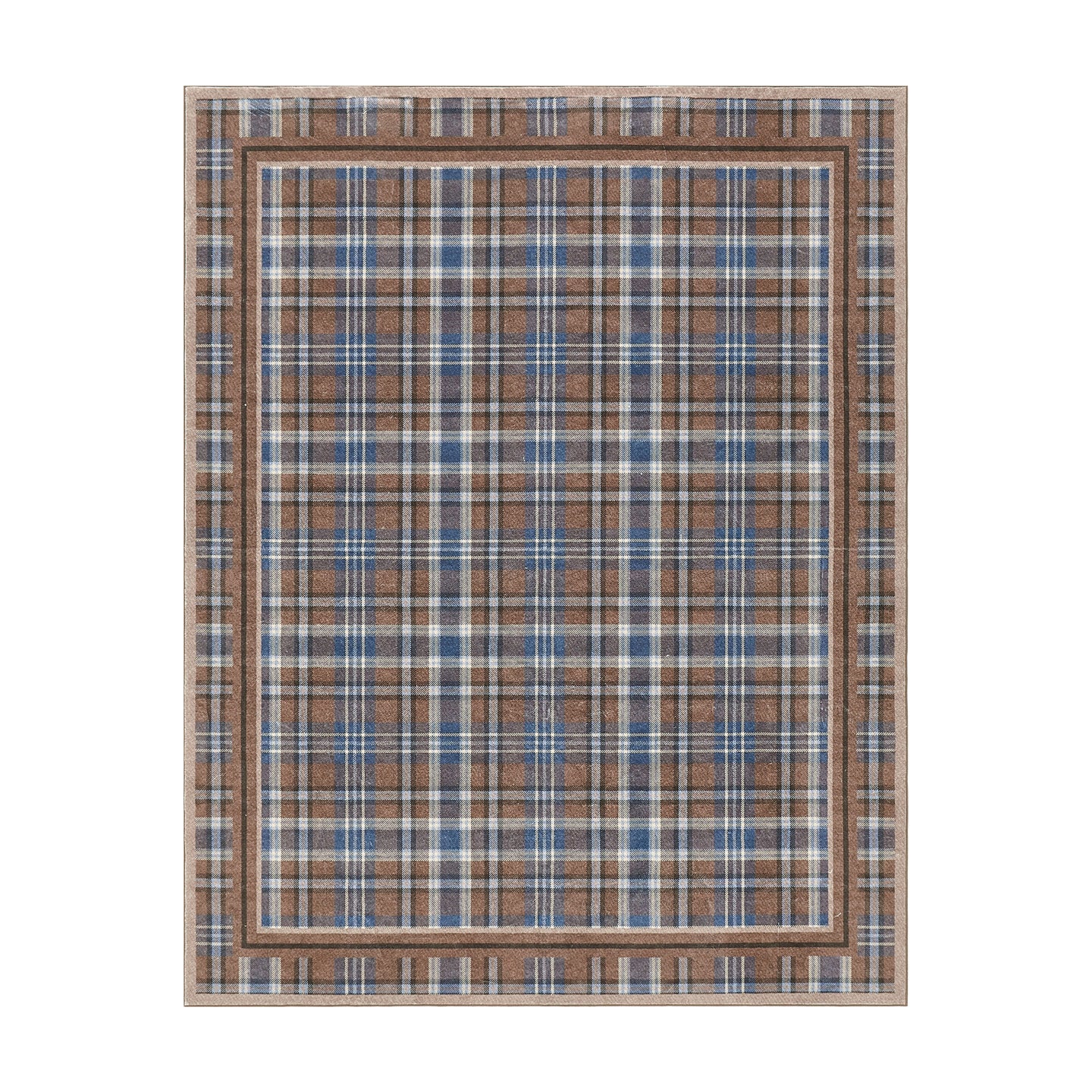 Plaid patterned rug with brown and blue colors on a white background