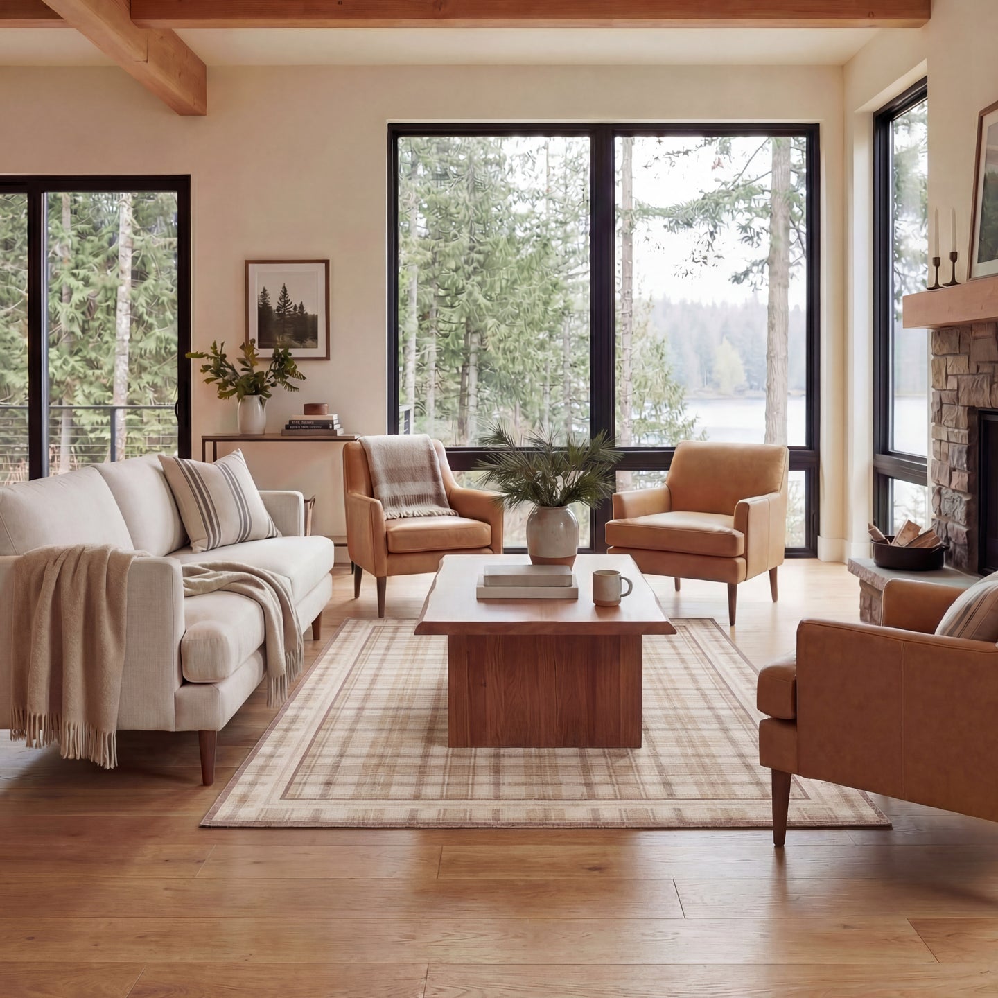 Modern living room with beige sofa, brown armchairs, and wooden coffee table.