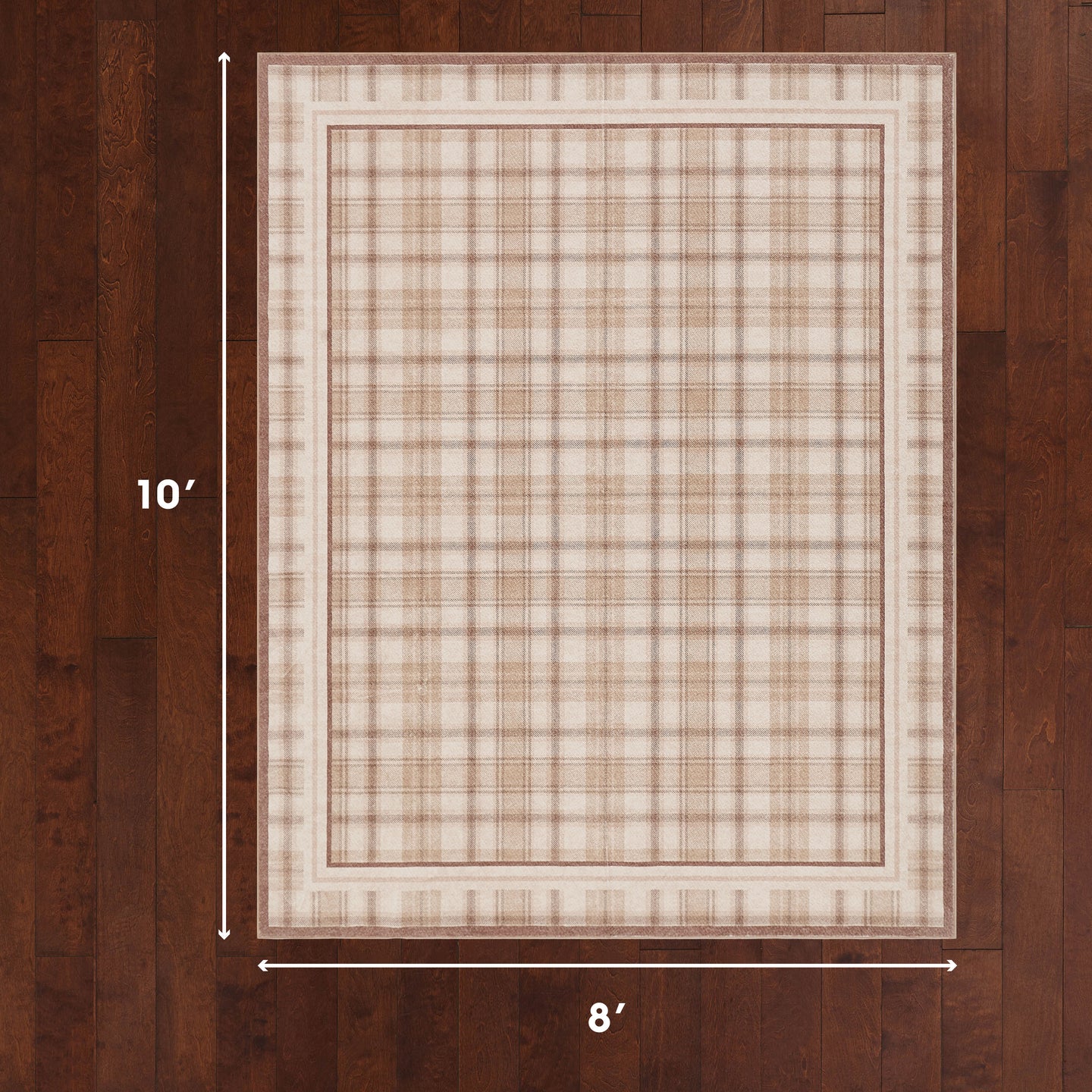 Rug with plaid pattern on a wooden floor, showing dimensions.