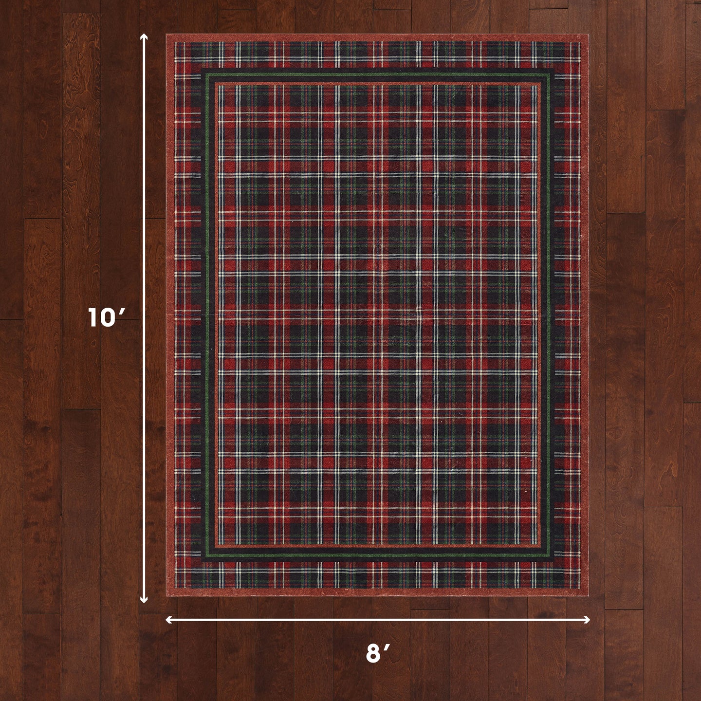 Plaid rug on a wooden floor with dimensions indicated