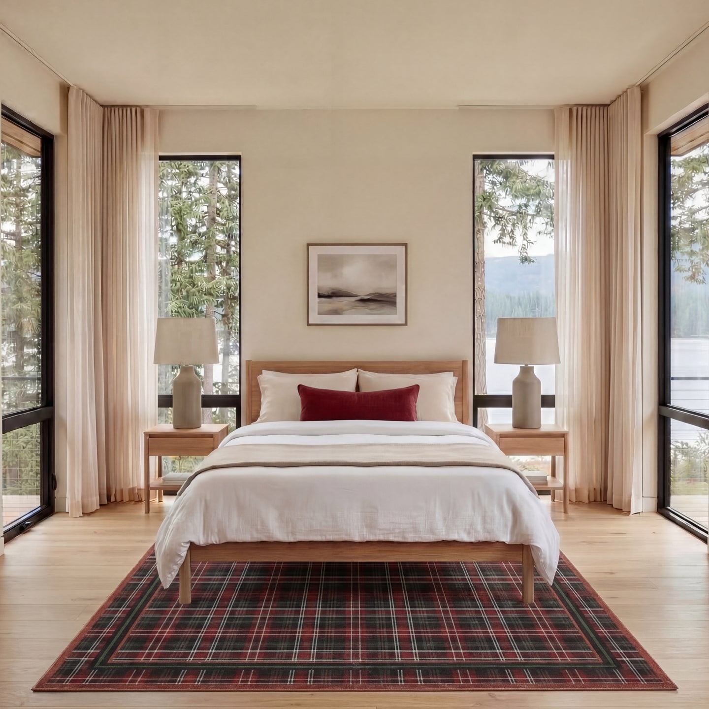 Modern bedroom with a bed, lamps, and large windows with curtains.