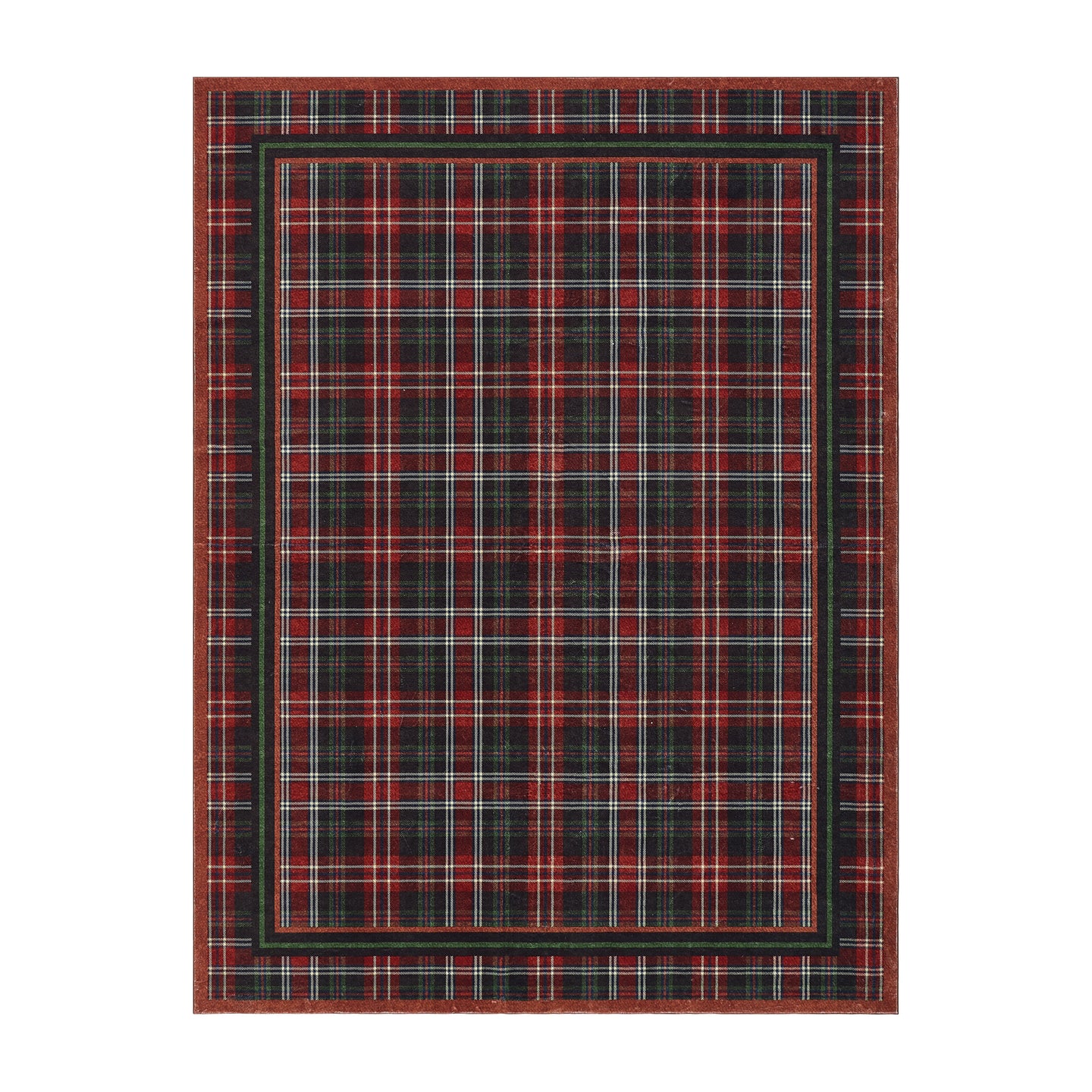 Plaid patterned rug with red and black colors on a white background