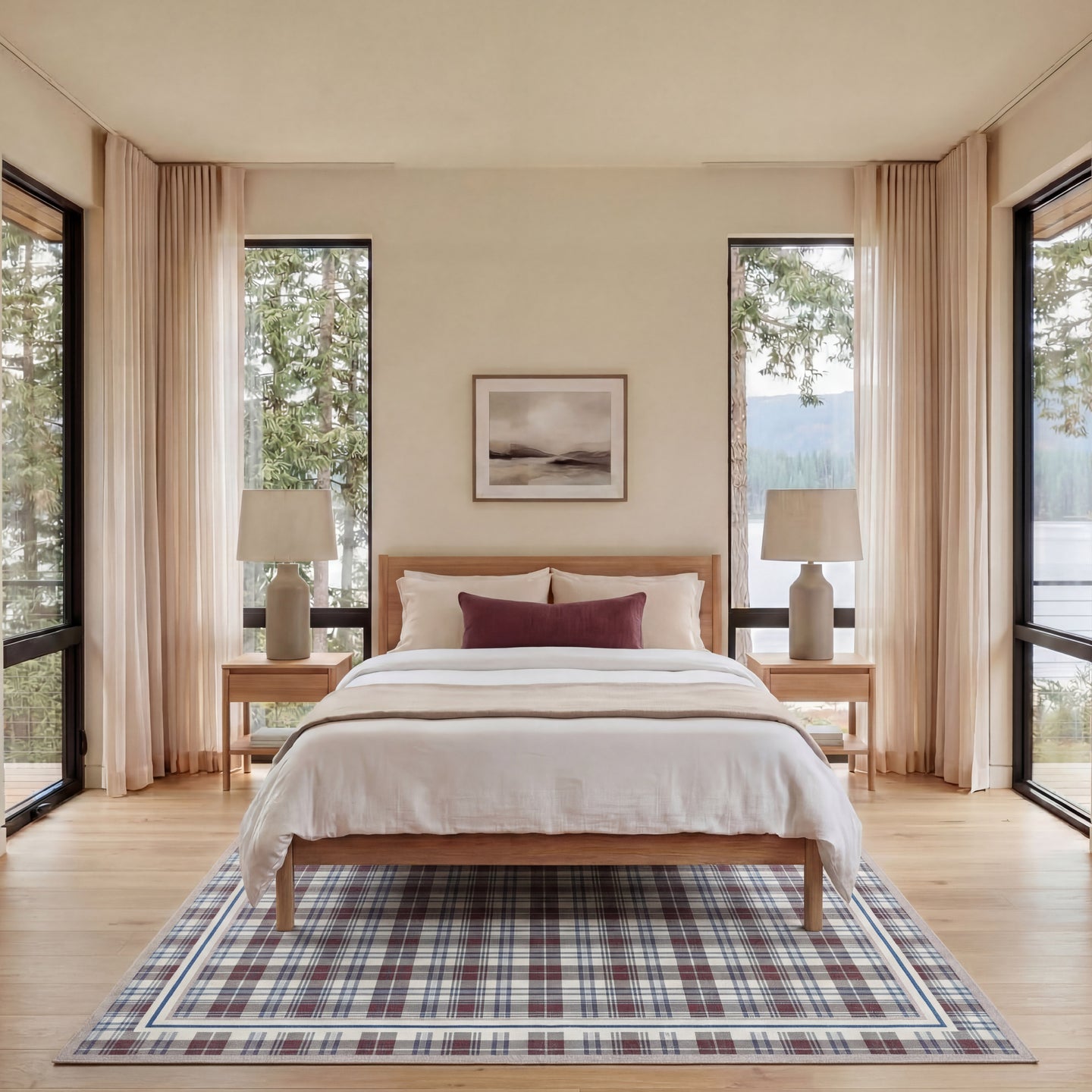 Modern bedroom with wooden bed, striped bedding, and large windows.