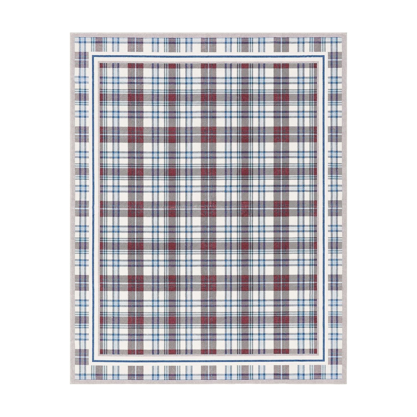 Plaid patterned rug with red, blue, and white colors on a white background