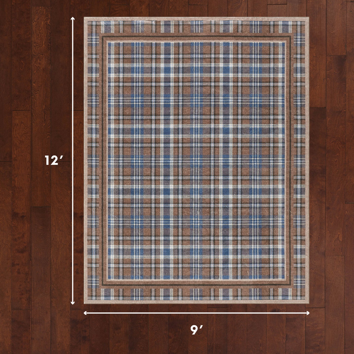 Plaid patterned rug on a wooden floor with dimensions indicated.