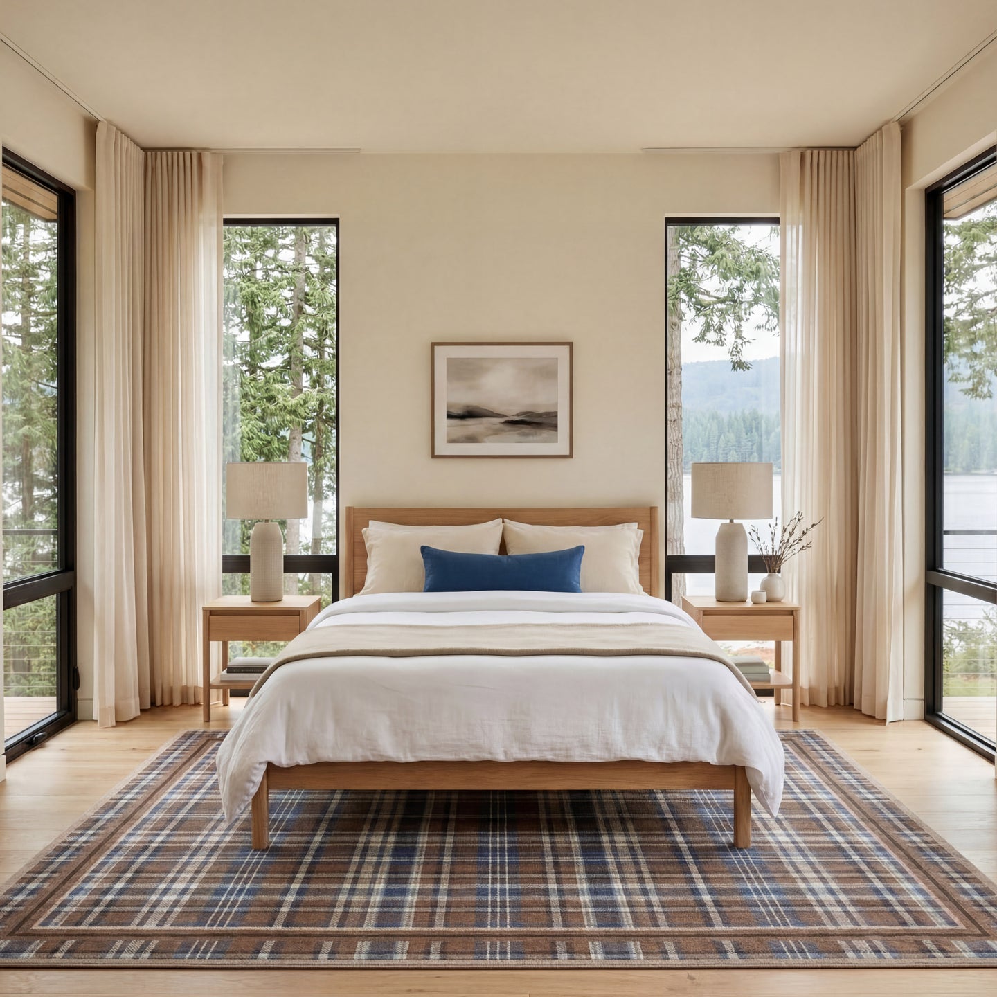 Modern bedroom with wooden bed, plaid rug, and large windows with curtains.