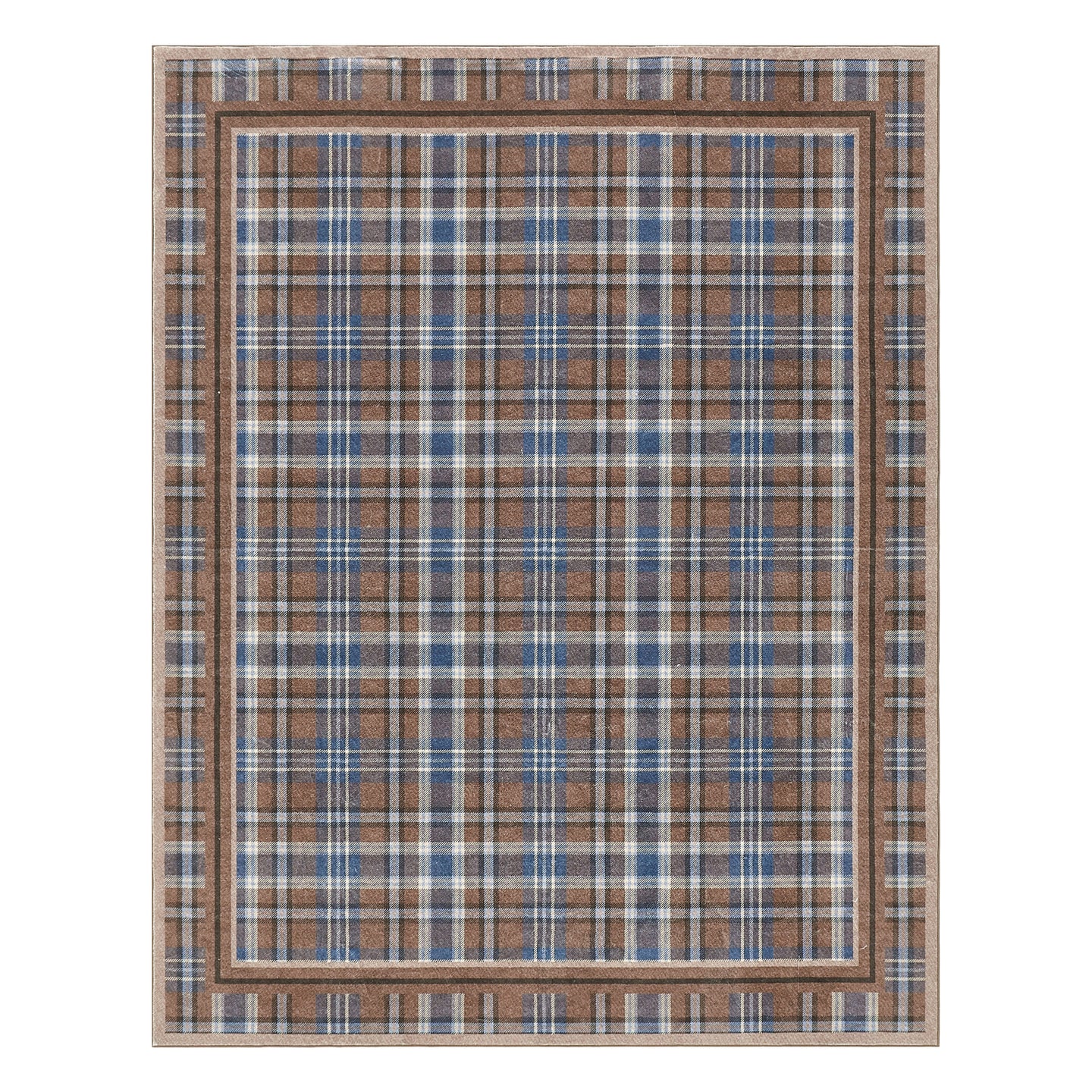 Plaid patterned rug with a border on a white background