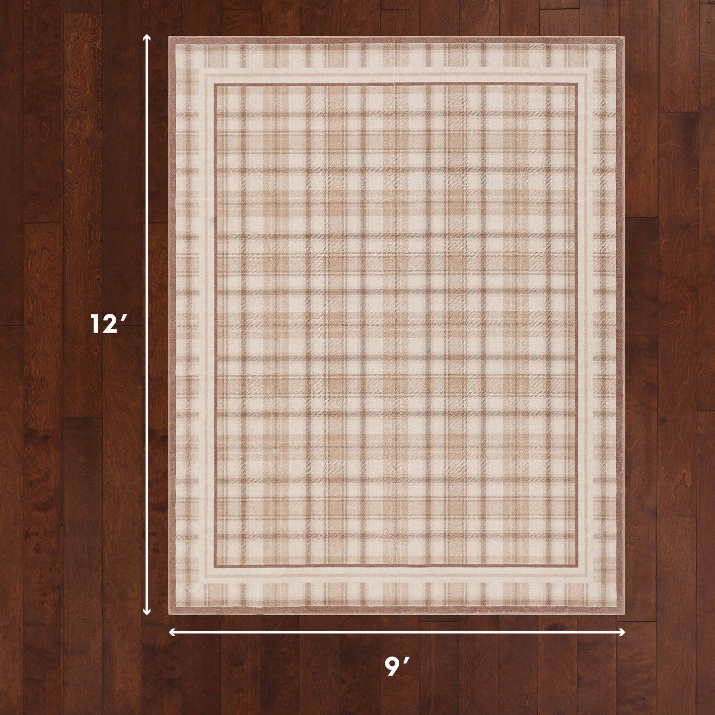 Rug with plaid pattern on a wooden floor, showing dimensions.