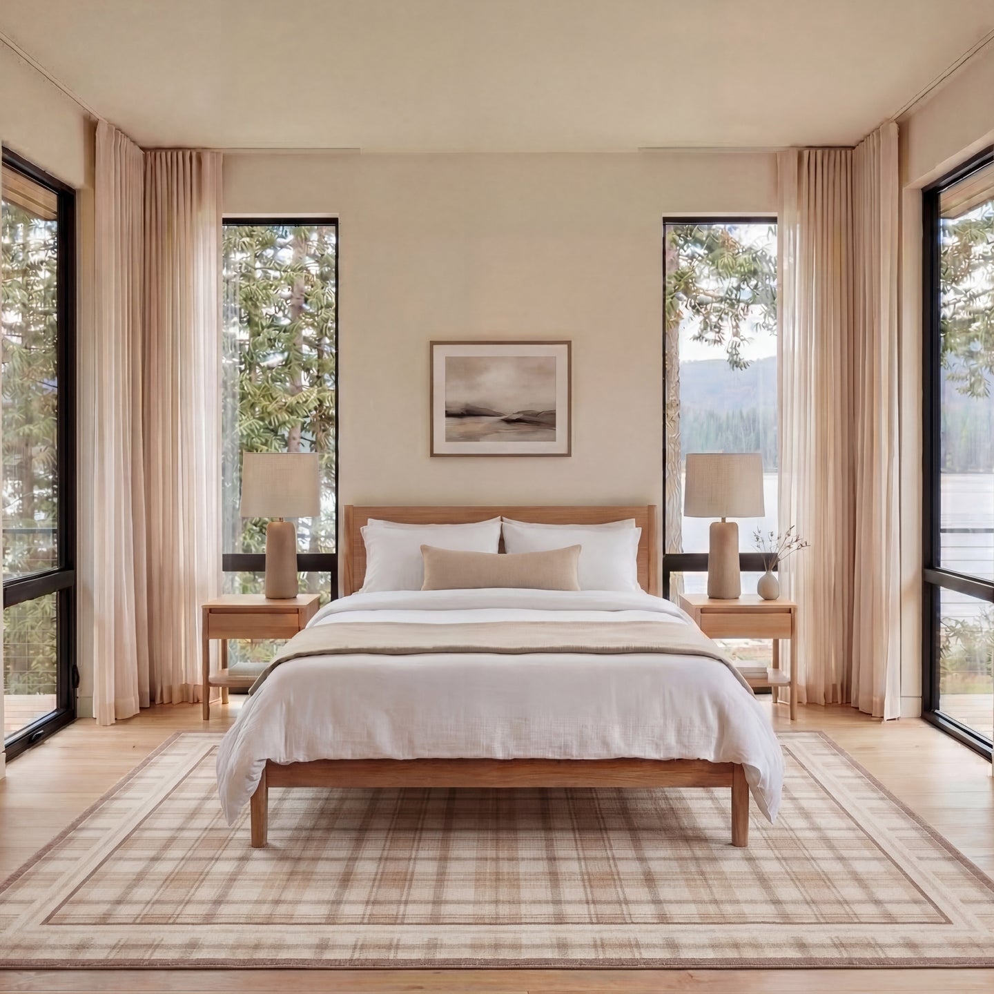 Modern bedroom with wooden bed, white bedding, and large windows with curtains.