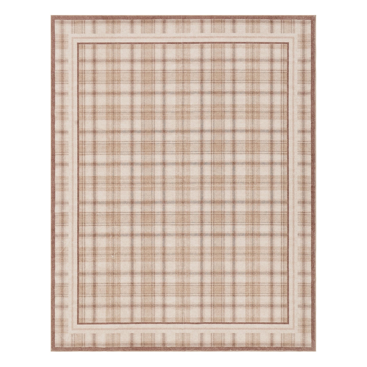 Plaid patterned rug with a beige and brown color scheme on a white background