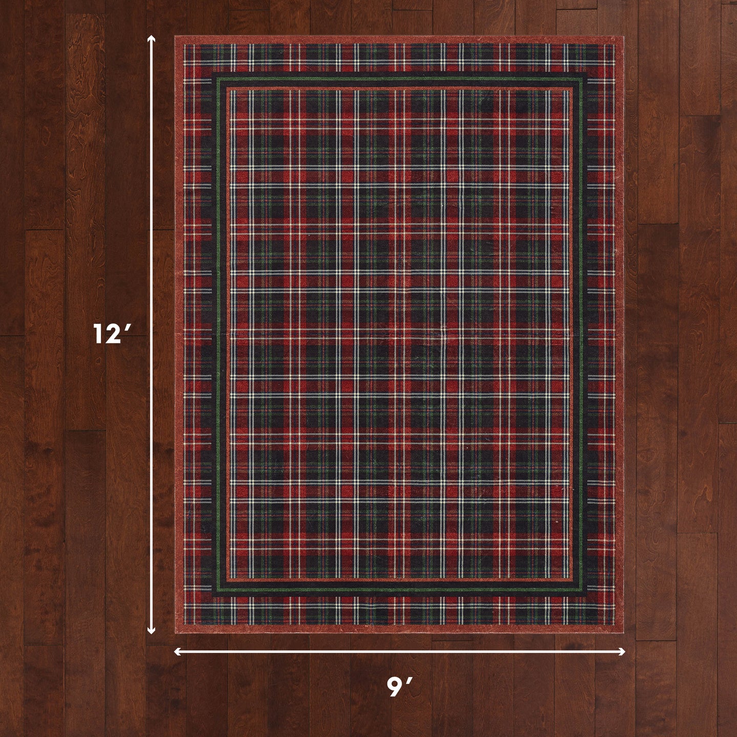 Plaid rug on a wooden floor with dimensions indicated
