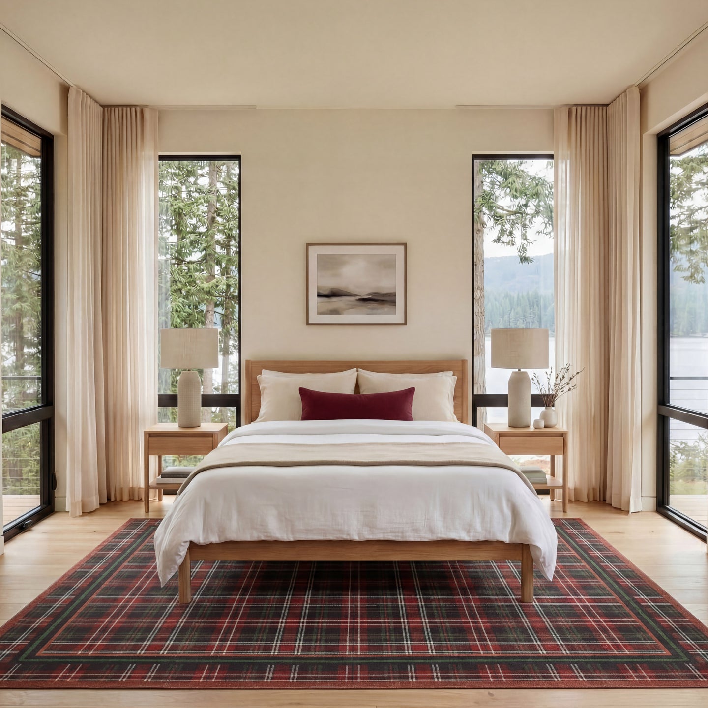 Modern bedroom with wooden bed, plaid rug, and large windows with curtains.