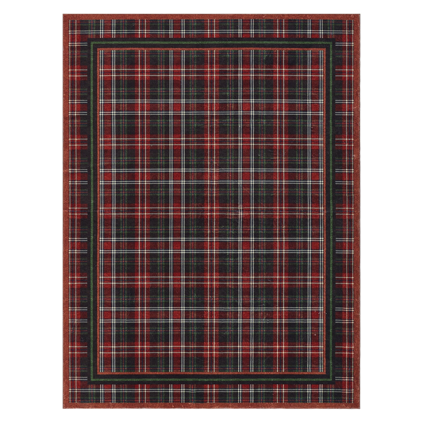 Plaid patterned rug with red and black colors on a white background