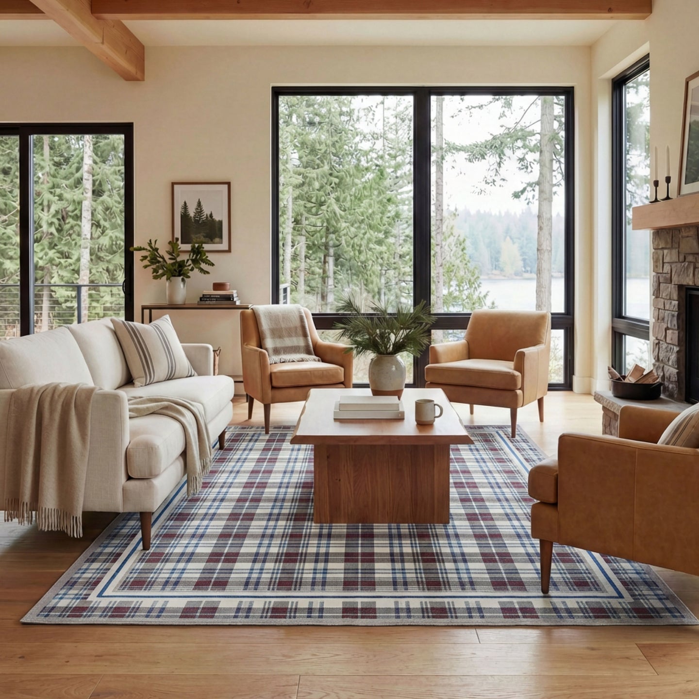 Cozy living room with beige sofa, brown armchairs, and wooden coffee table in a home with large windows.