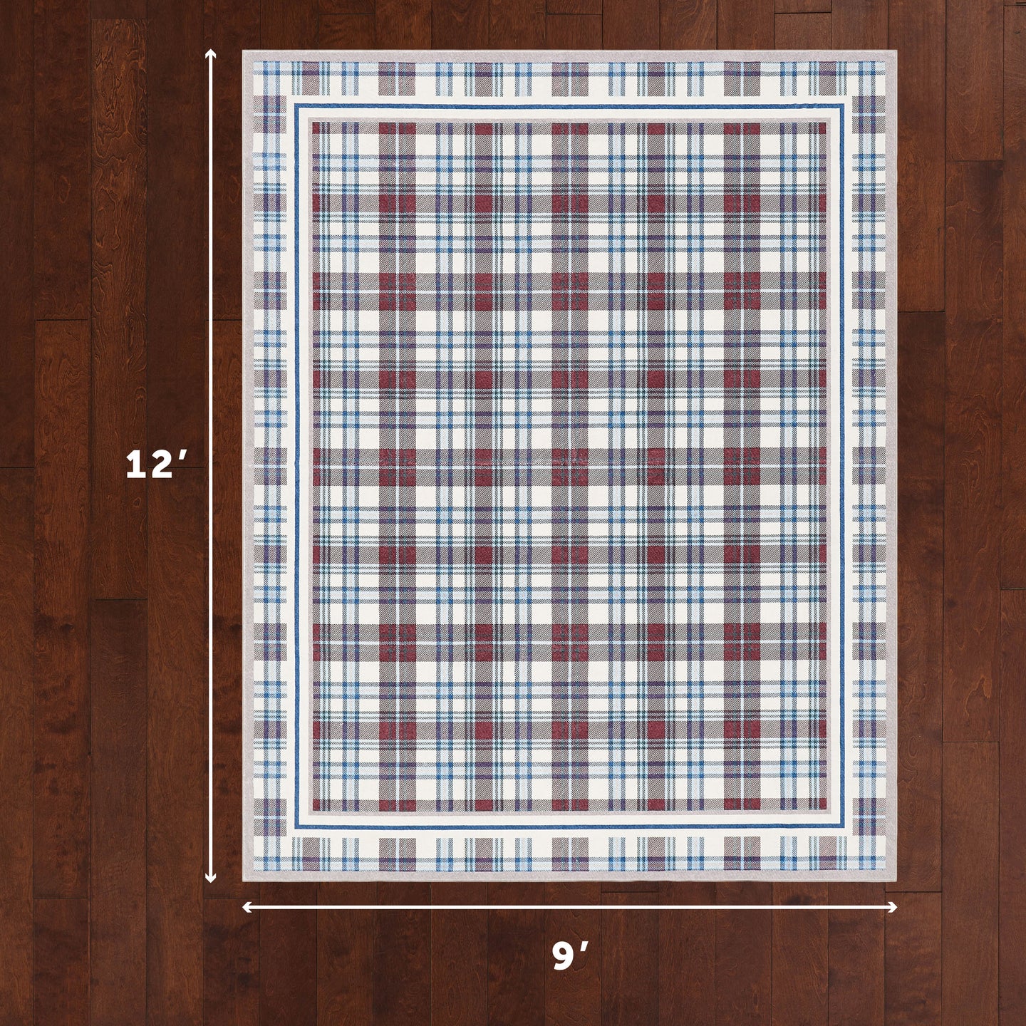 Plaid patterned rug on a wooden floor with dimensions indicated.