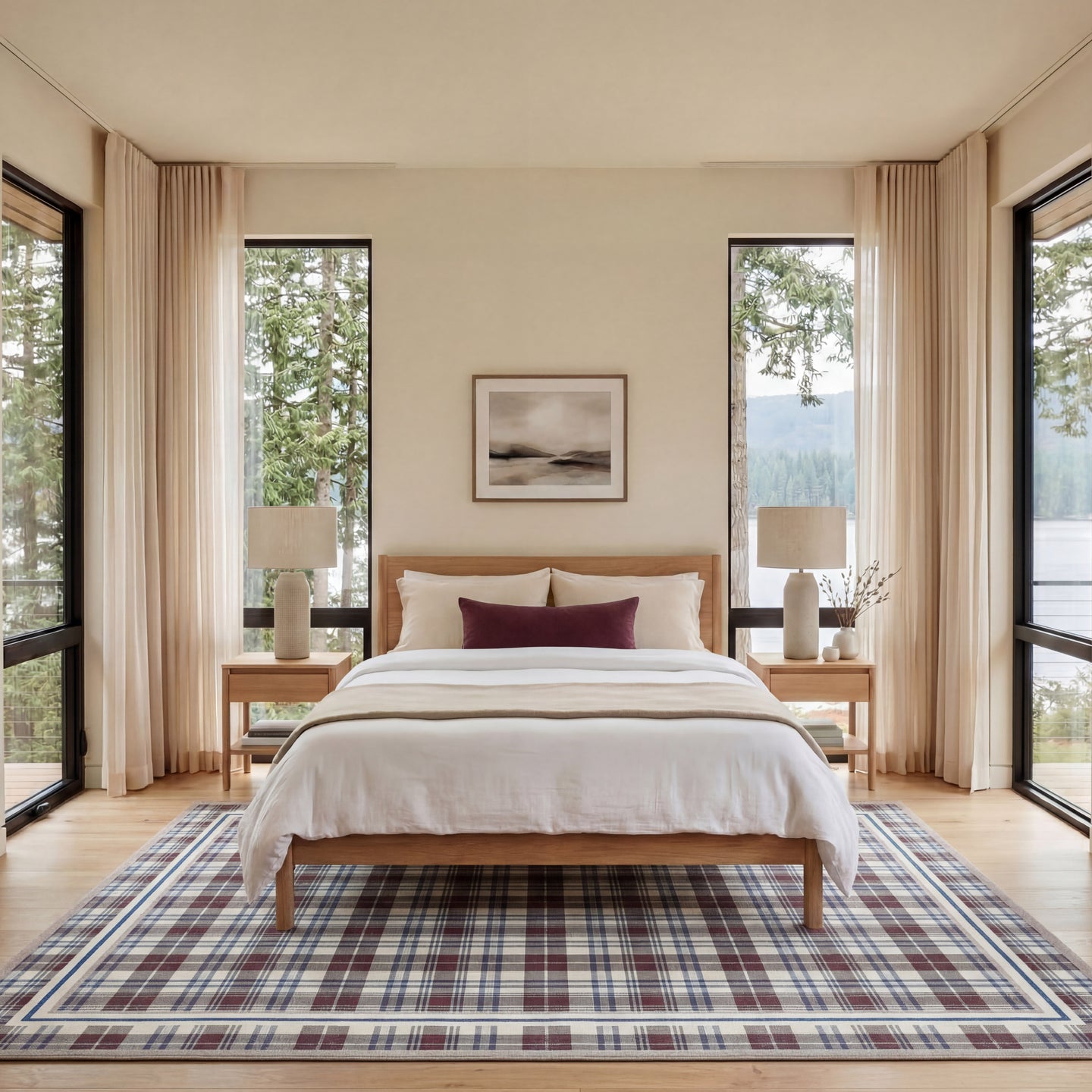Modern bedroom with wooden bed, plaid rug, and large windows with curtains.