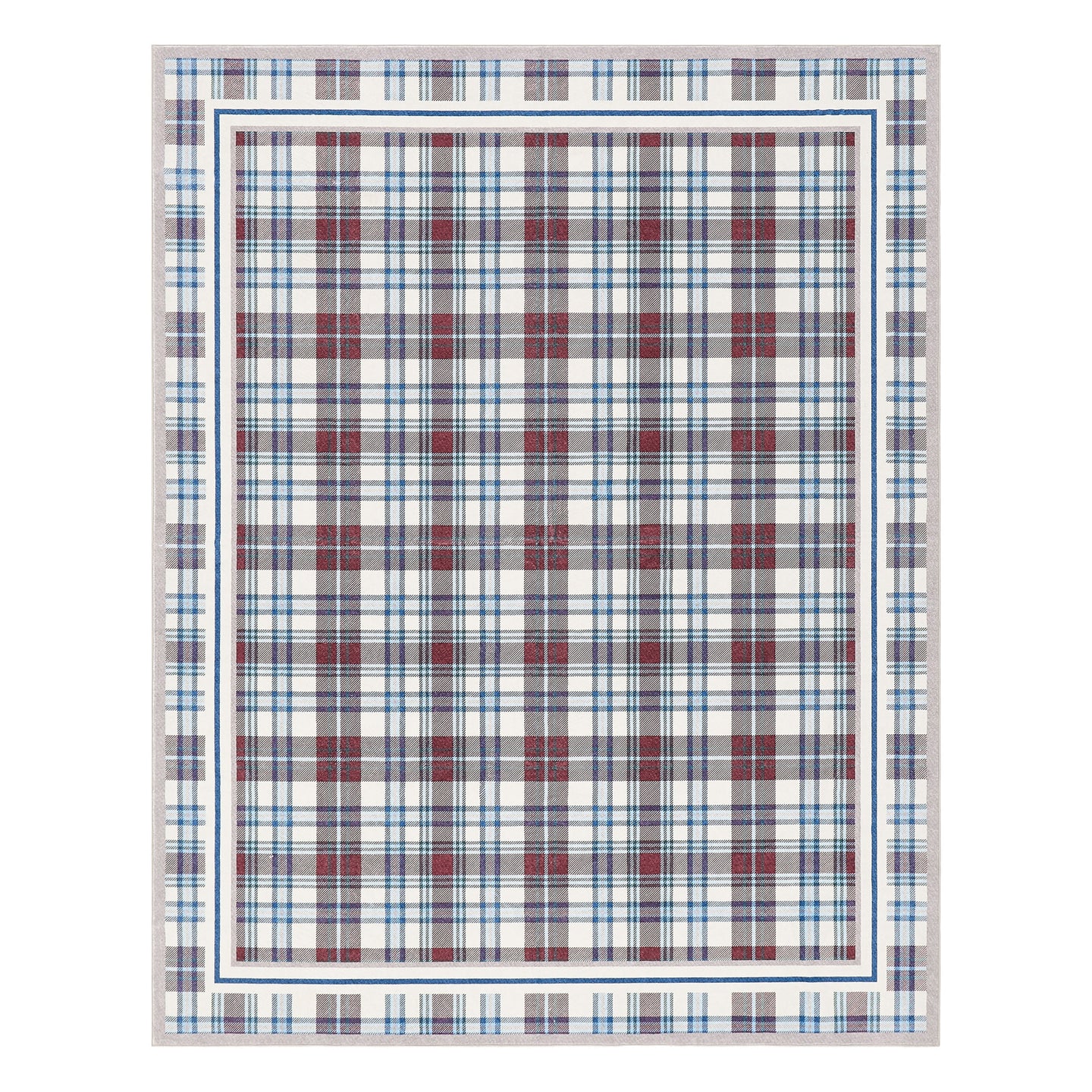 Plaid patterned rug with red, blue, and white colors on a white background