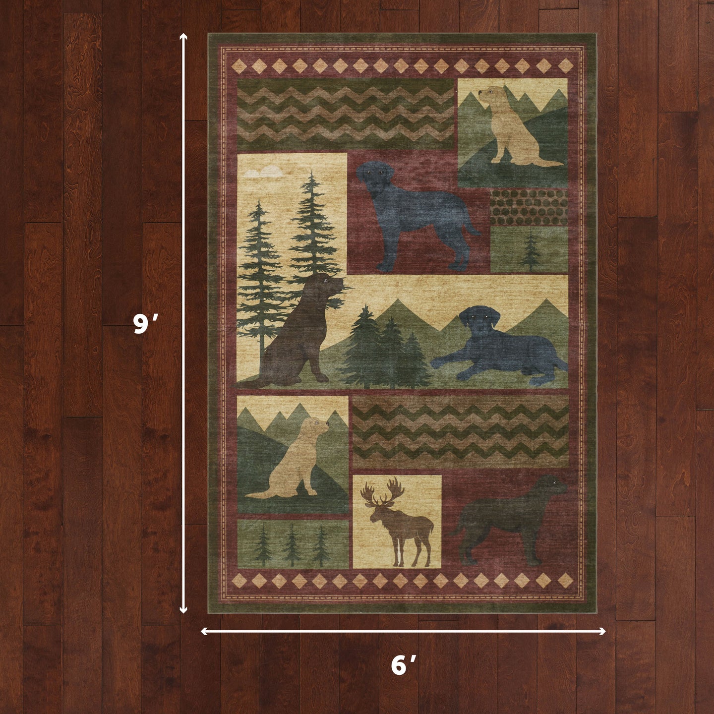 Patchwork area rug with wildlife silhouettes including bears, moose, and dogs among trees and geometric patterns in green, bu