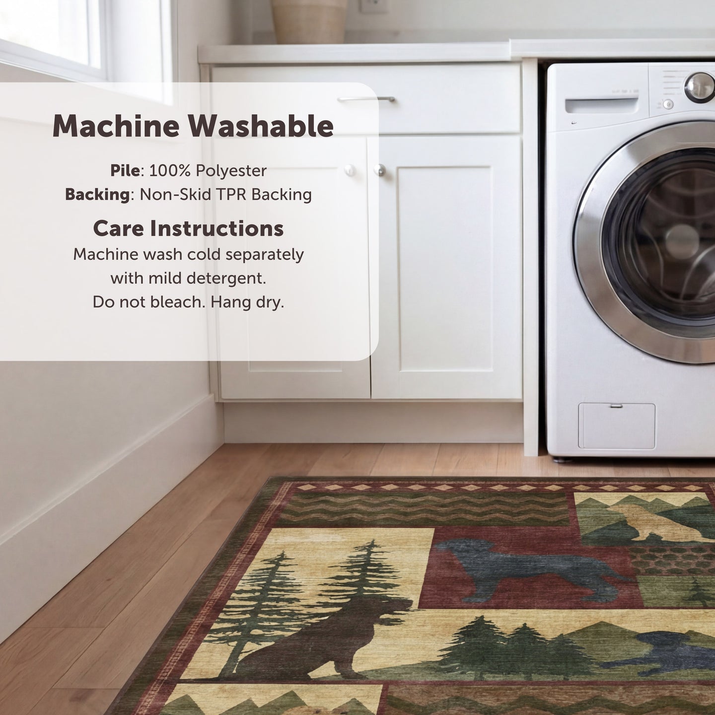 Decorative rug with bear and tree design in front of a washing machine, with care instructions displayed.