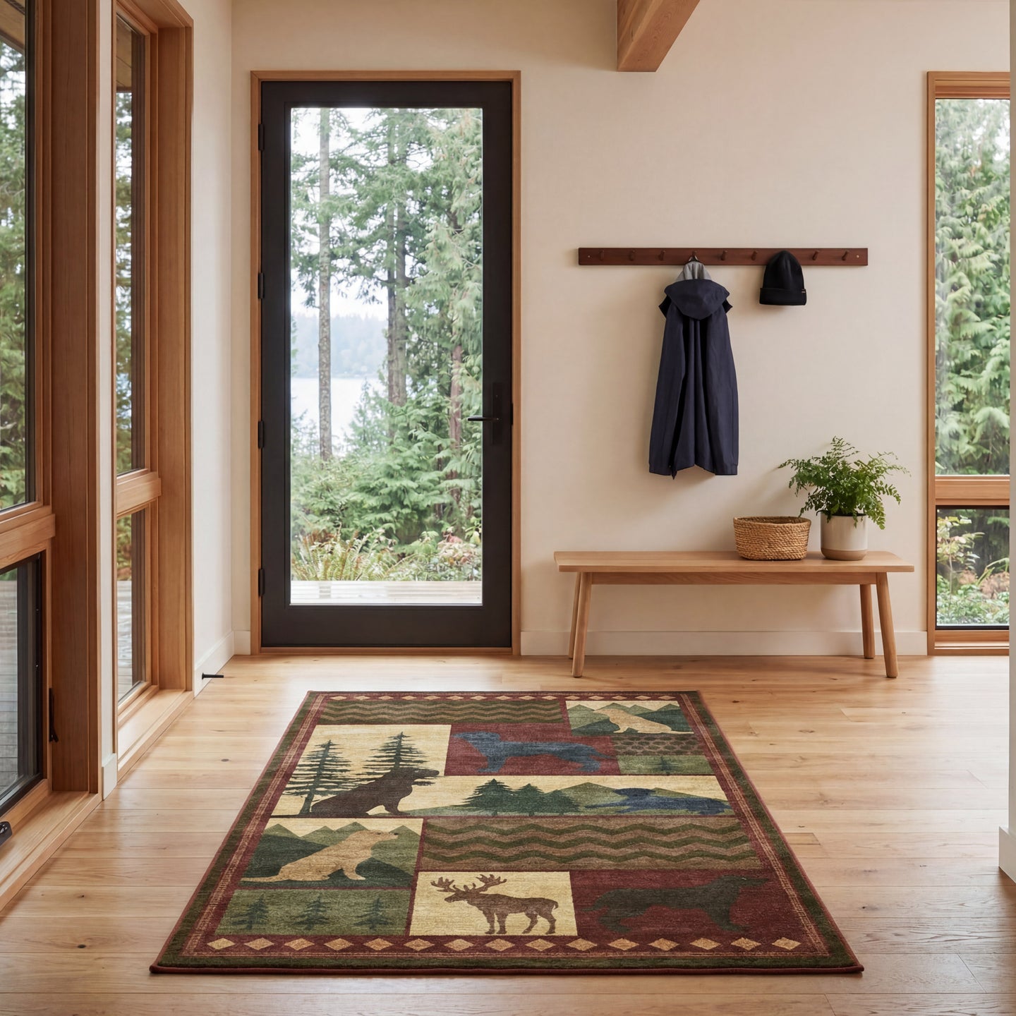 Foyer with a rug featuring animals, a bench, and a view of trees outside.
