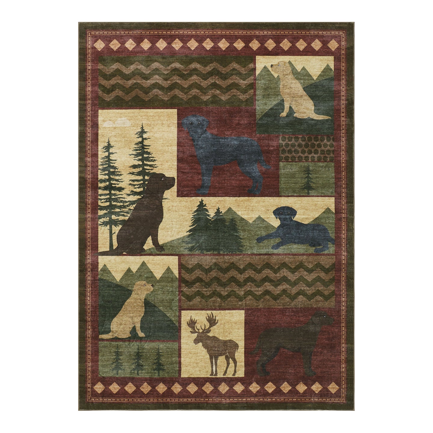 Rug with nature-themed design featuring animals and landscapes.
