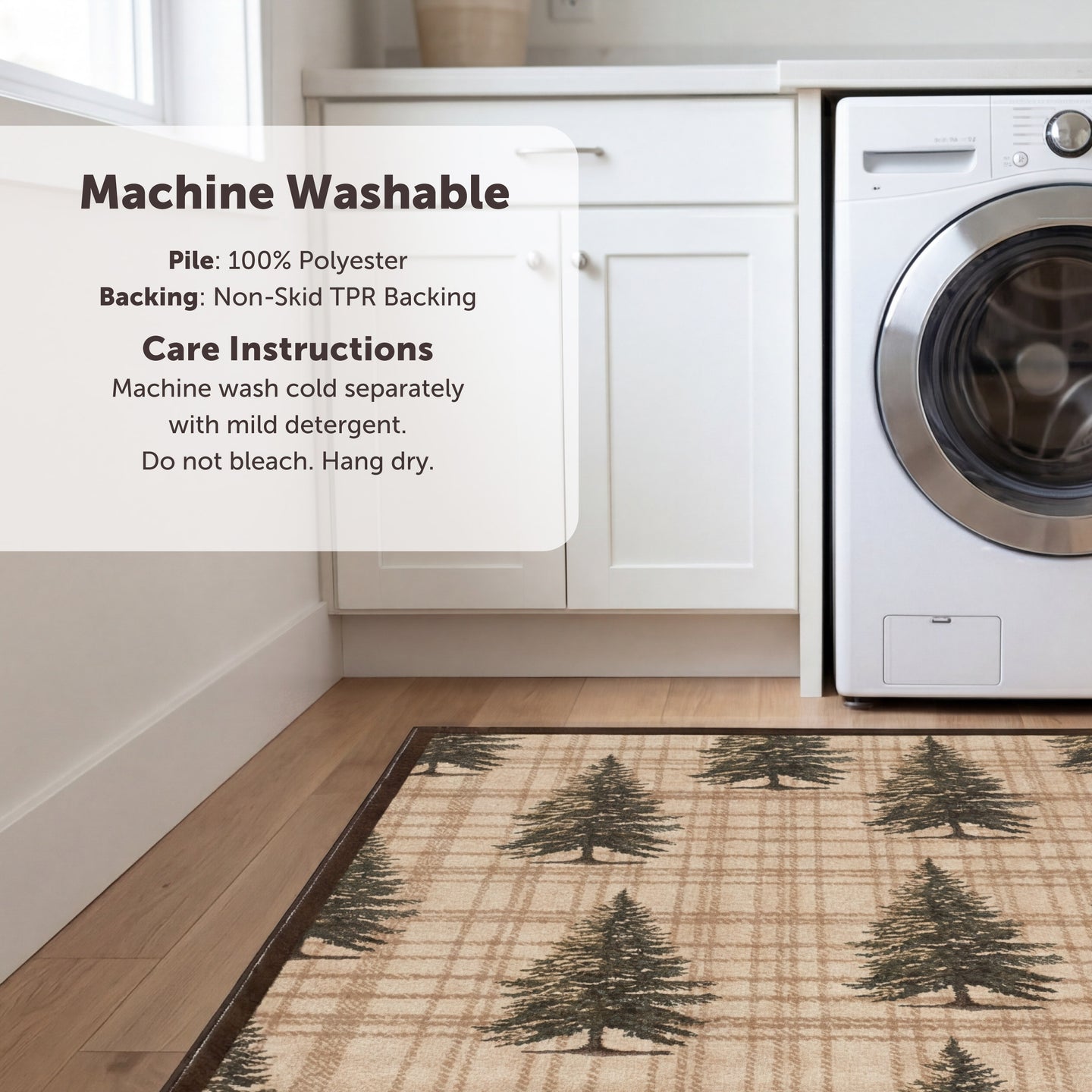 Tan and brown plaid rug with evergreen tree pattern, displayed in laundry room setting.