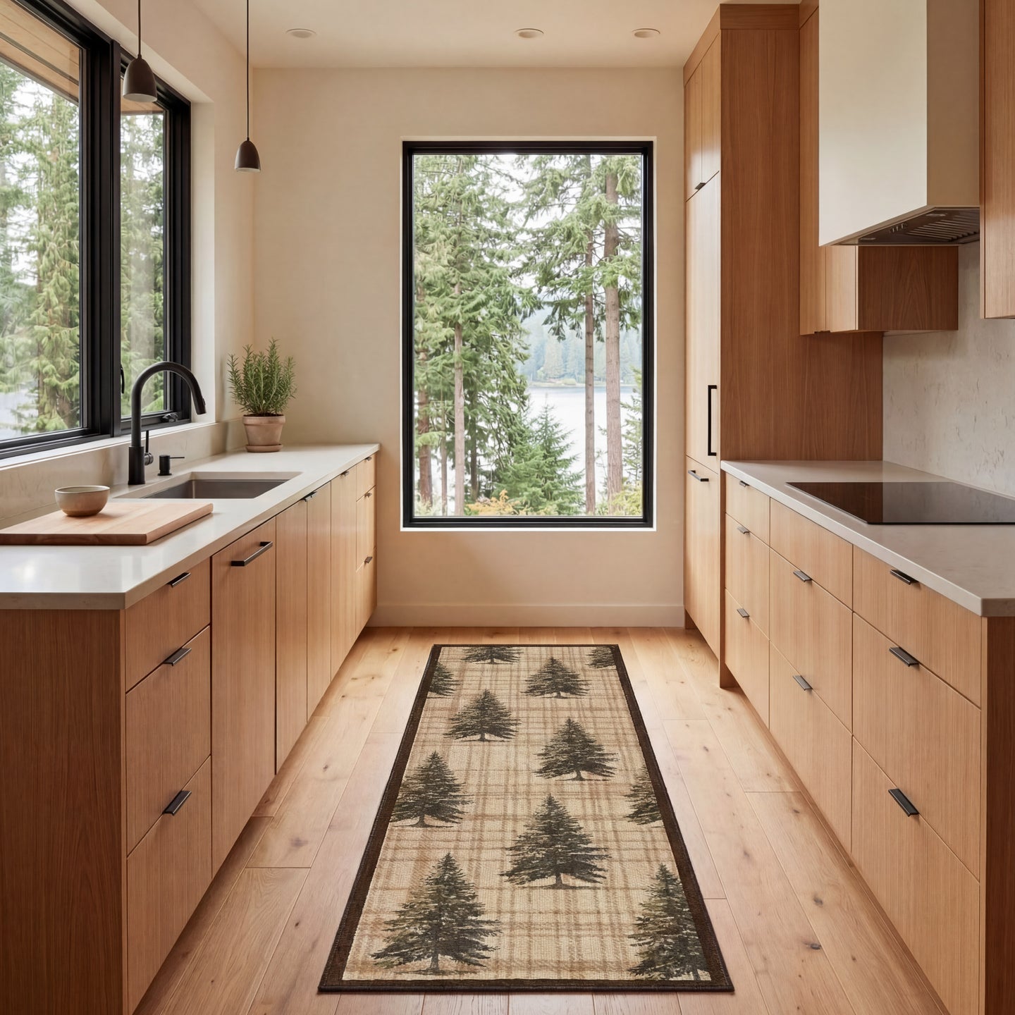 Galley kitchen with wood cabinetry, white countertops, black sink faucet, pine tree patterned runner rug, and forest views th