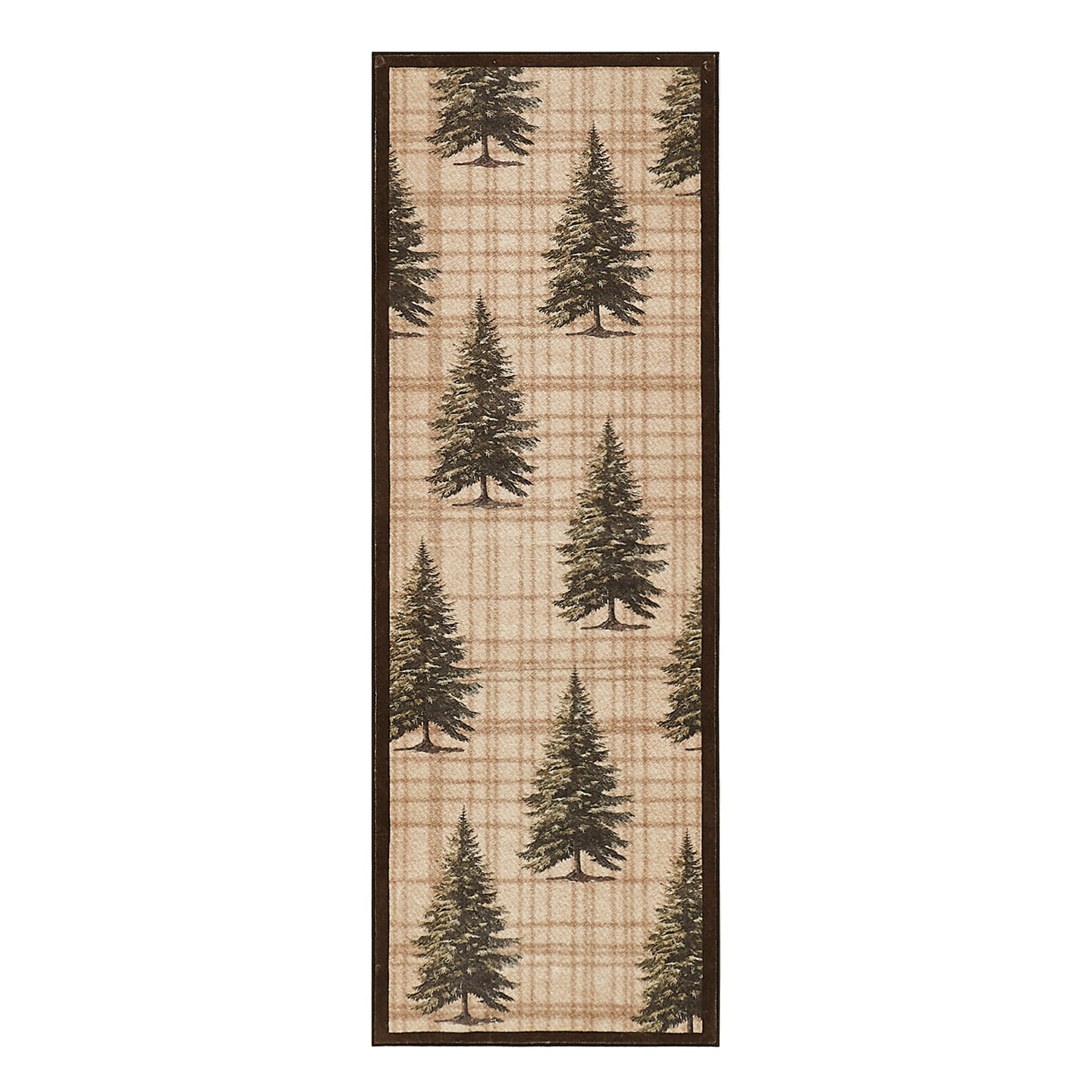Tall narrow rug with brown pine tree silhouettes scattered on cream plaid background and dark border.