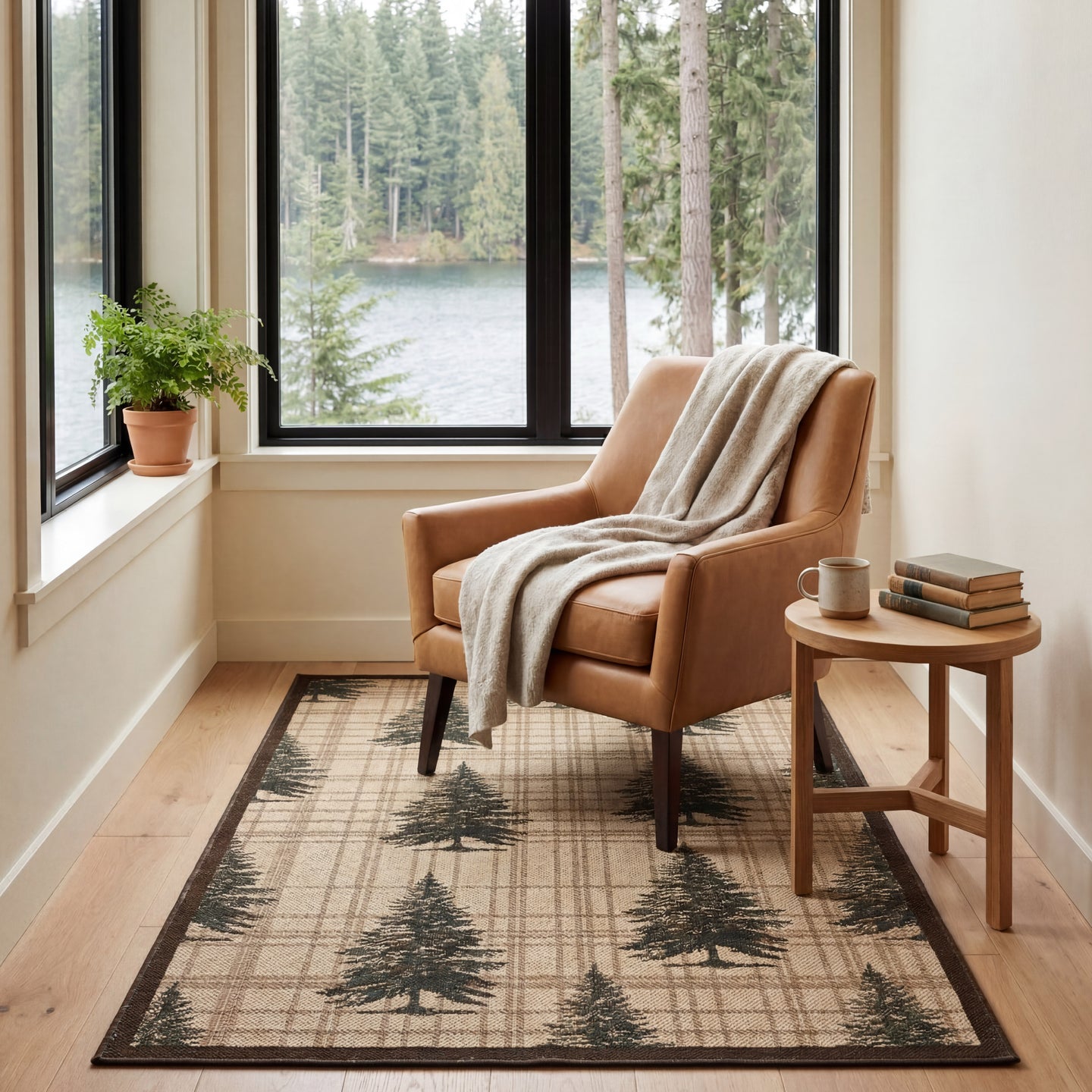 Tan rug with black pine tree pattern in window nook with caramel leather chair and wooden side table.