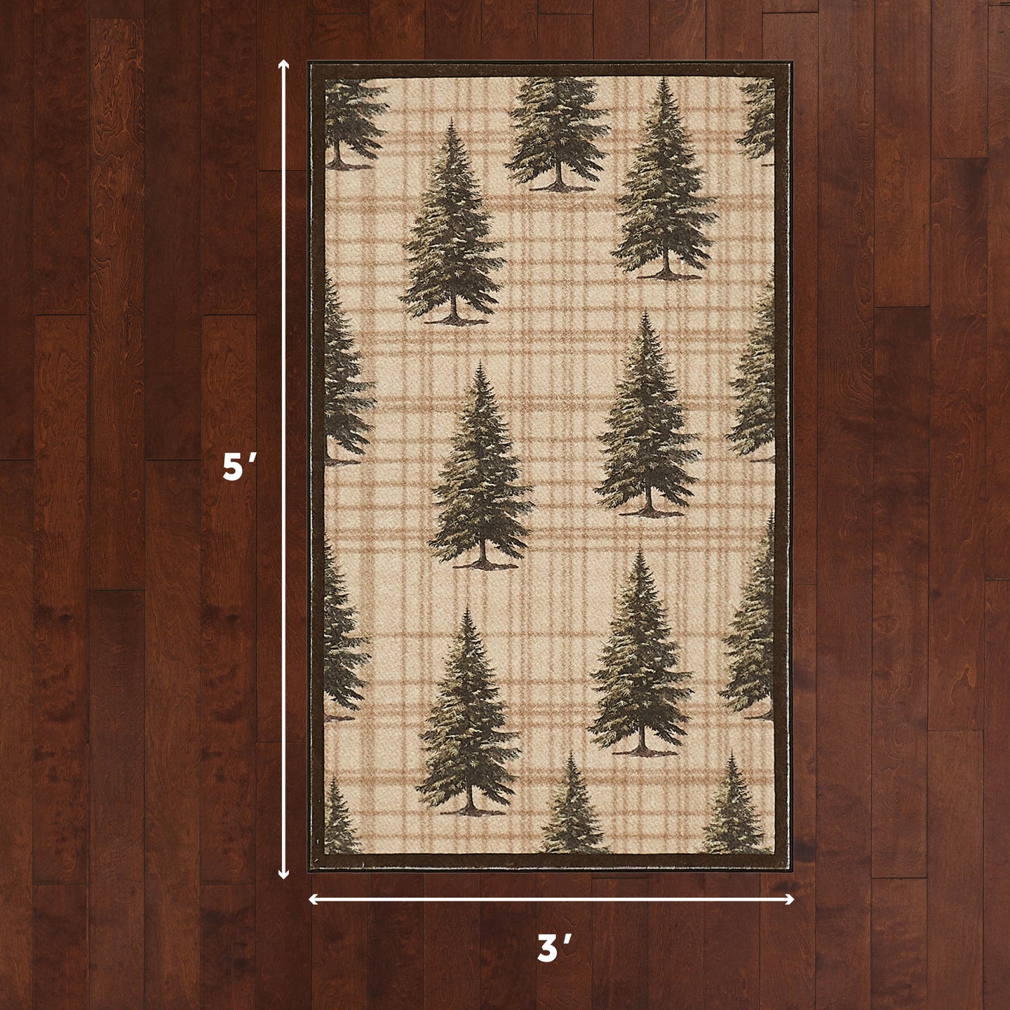 Beige area rug with scattered evergreen tree pattern and dark border, 3' x 5'.