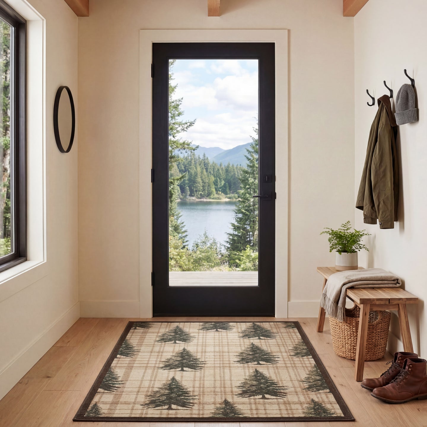 Cream and tan plaid area rug with green pine tree pattern, displayed in entryway with black door and mountain lake view.