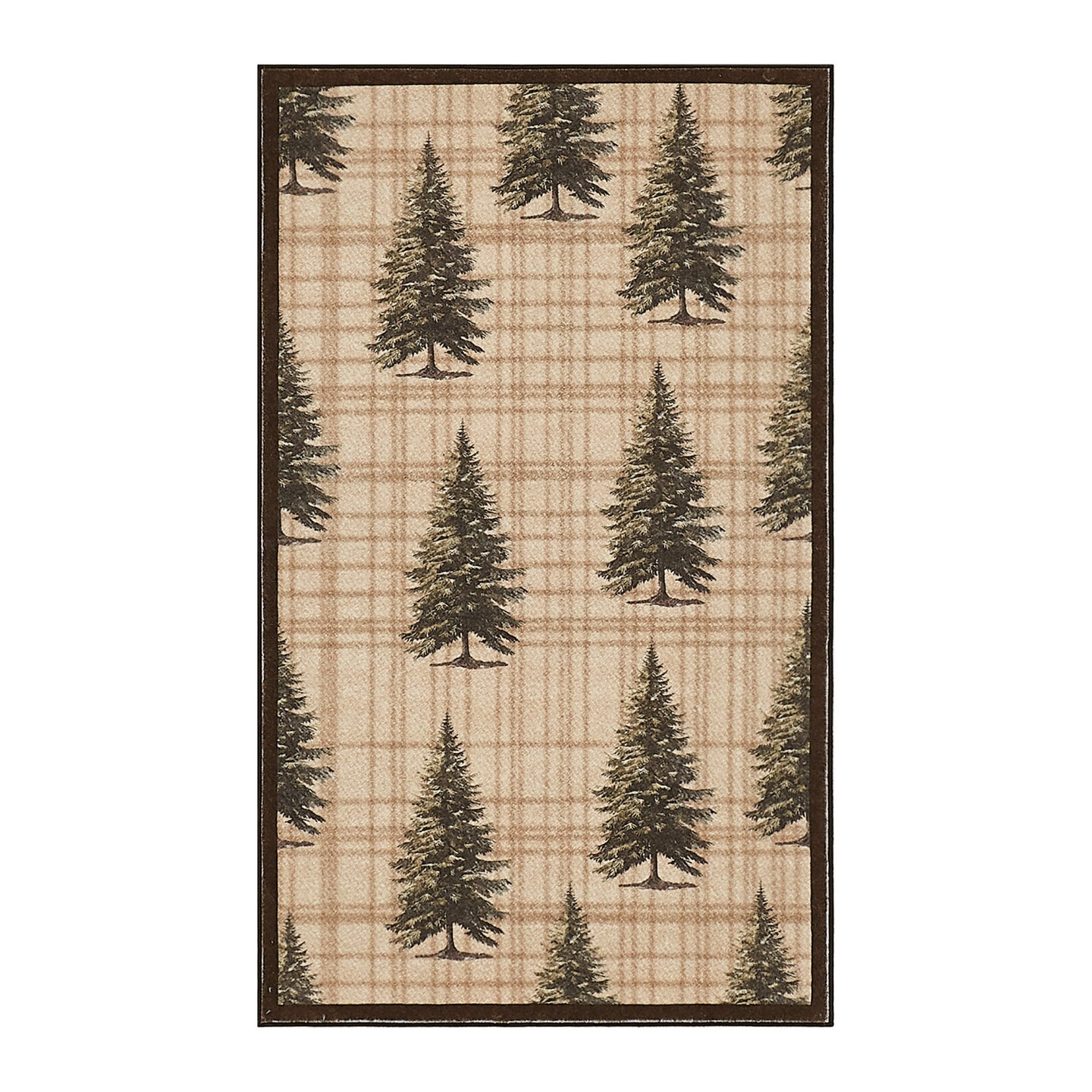 Rectangular rug with scattered dark green pine tree silhouettes on tan checkered background and dark brown border.