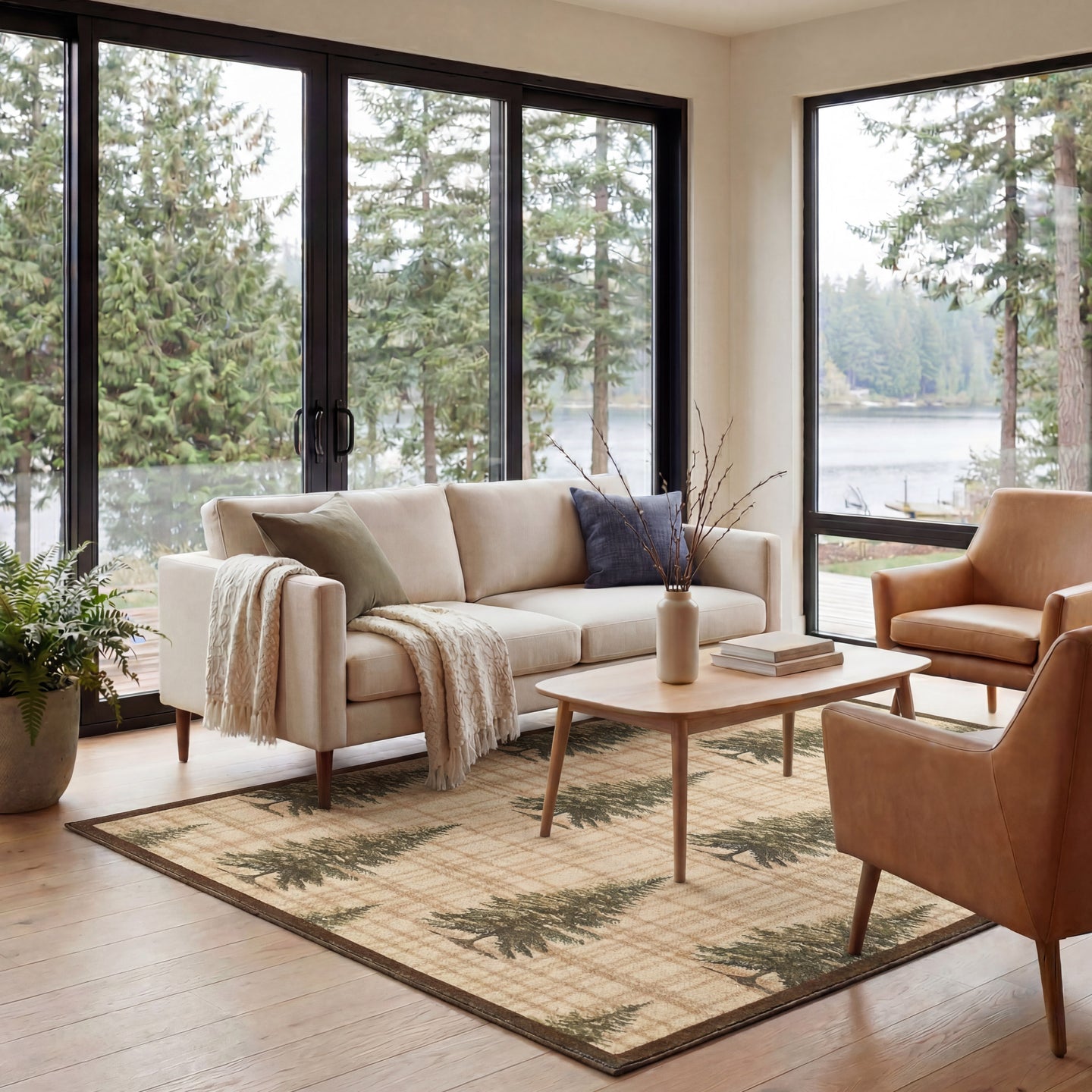 Living room with beige sofa, cognac leather chairs, wood coffee table, and pine forest area rug overlooking lake through blac
