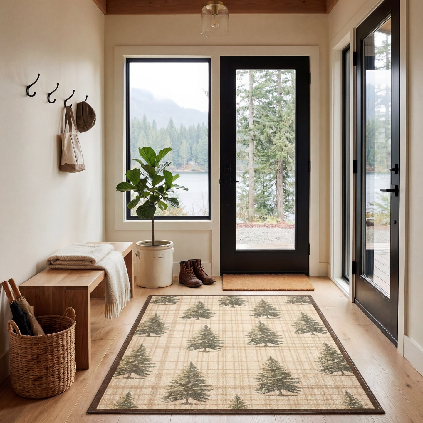Entryway with cream and green tree-patterned area rug, wooden bench, potted plant, and views of forested mountains through wi