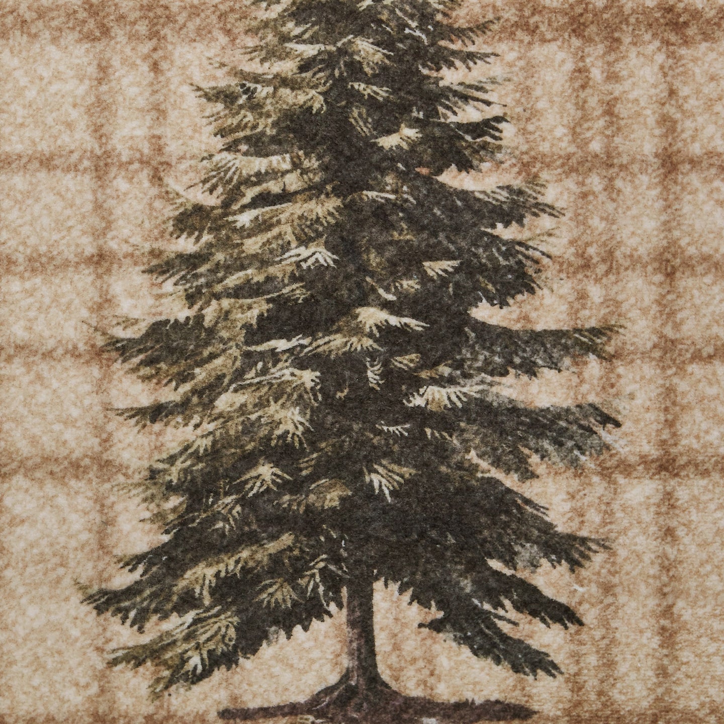 Dark evergreen tree with layered branches on textured beige and brown background.