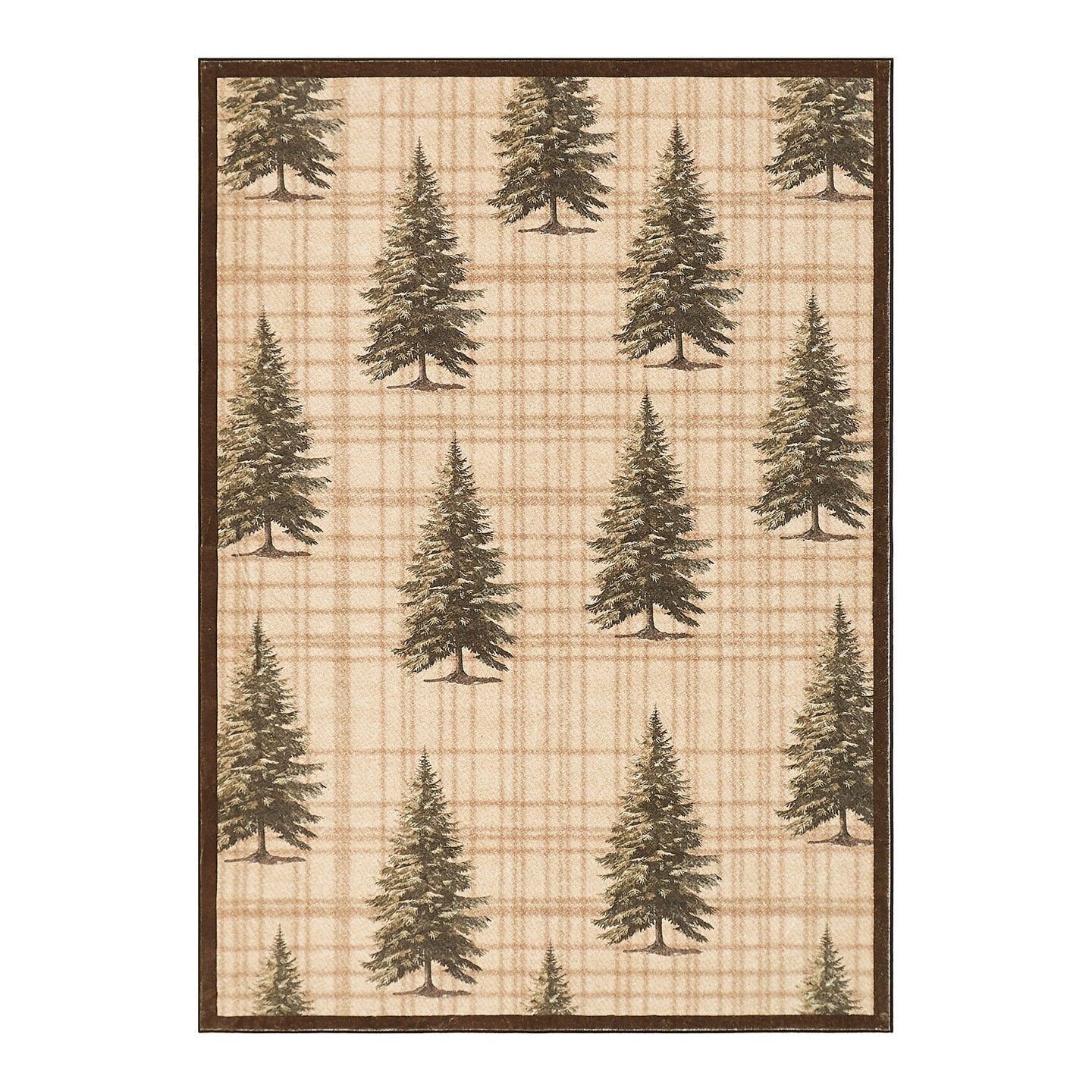 Rectangular rug with tan plaid background and scattered green pine tree pattern, brown border.