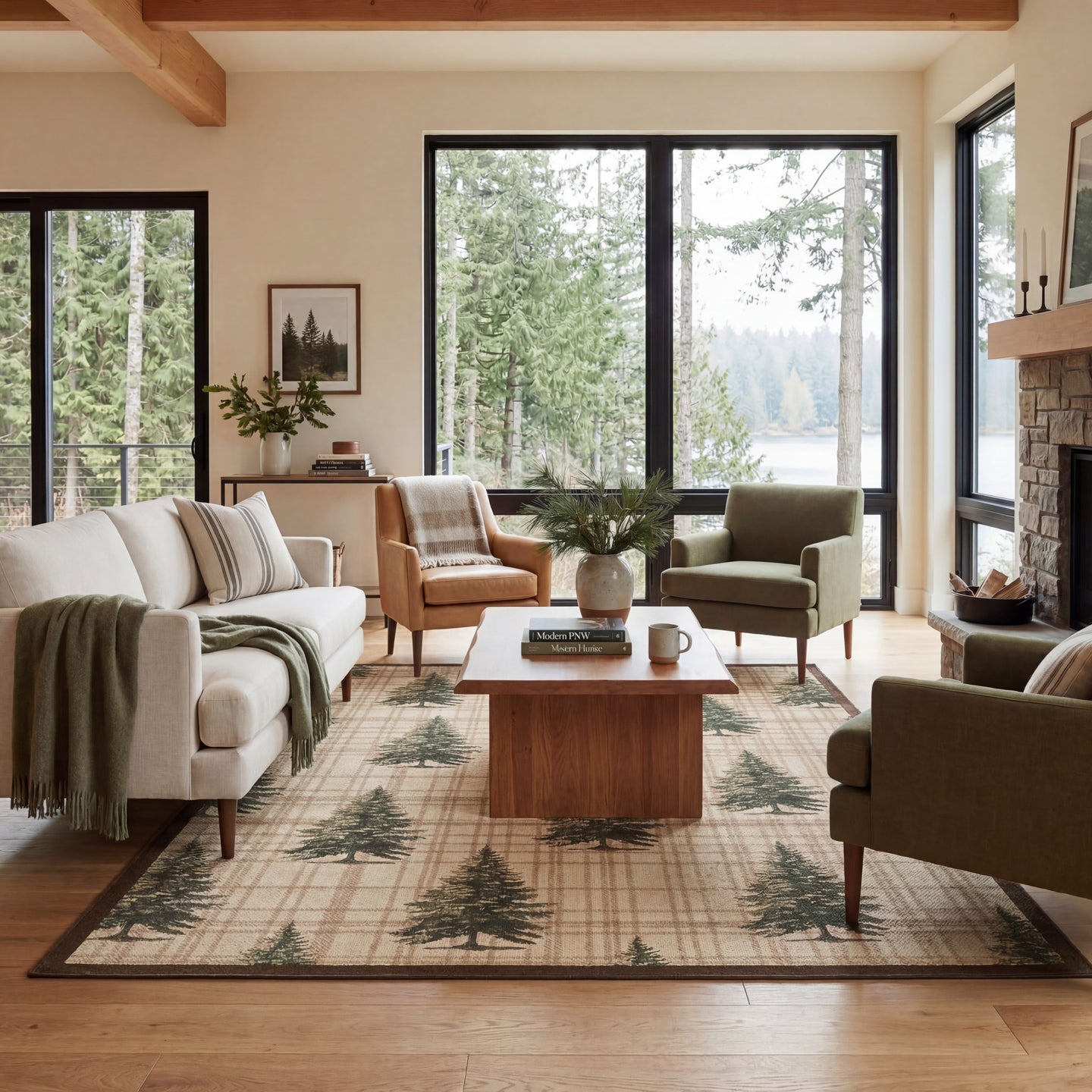 Pinevale rug with forest tree pattern in neutral tones displayed in modern living room with furniture and windows.