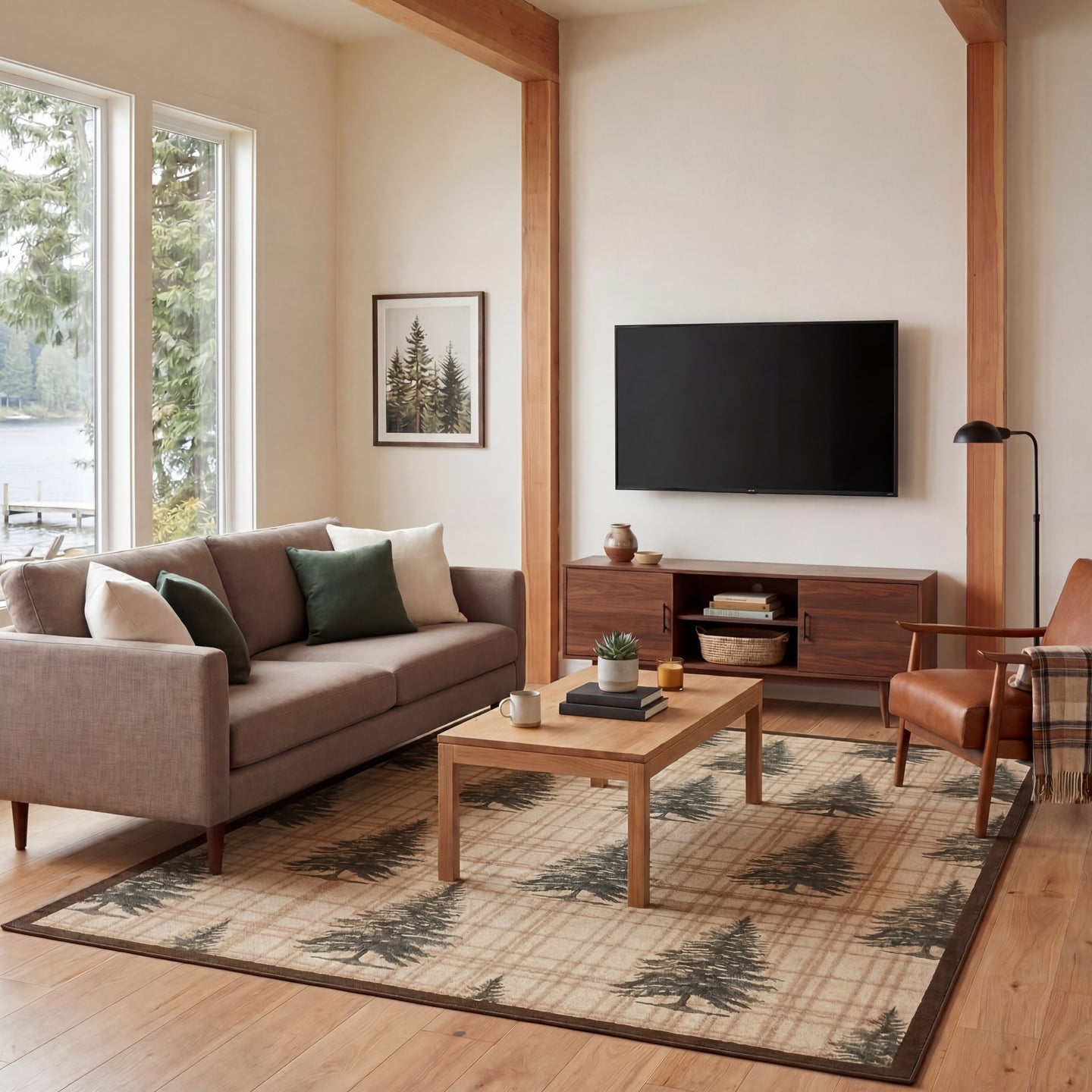 Beige and green plaid area rug with pine tree pattern displayed in living room setting with wooden furniture.