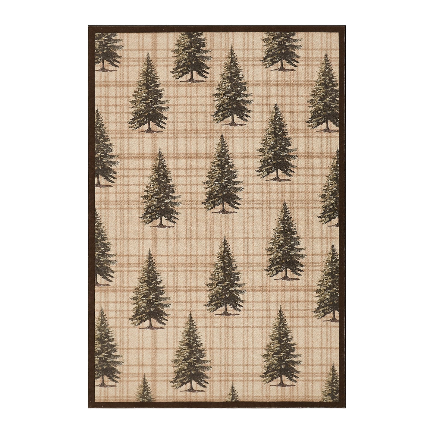 Beige and tan plaid rug with scattered evergreen tree pattern and dark brown border.
