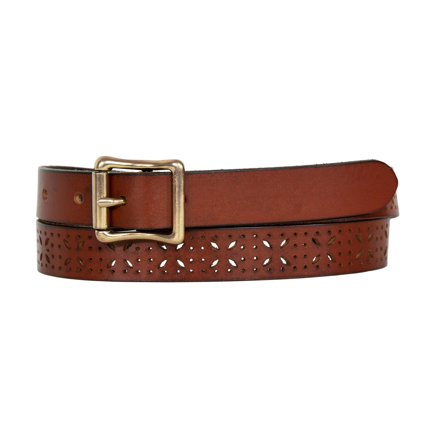 Perforated Pattern Leather Belt-TAN-8