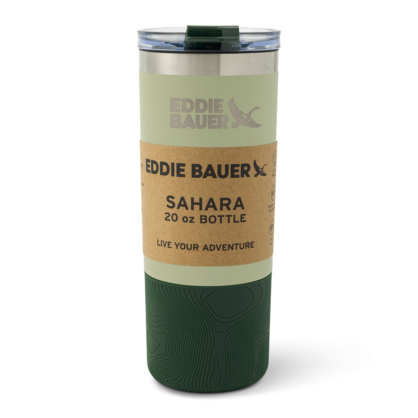 Pale green insulated bottle with cork grip band, dark green patterned base, and dark green lid with clear top panel.